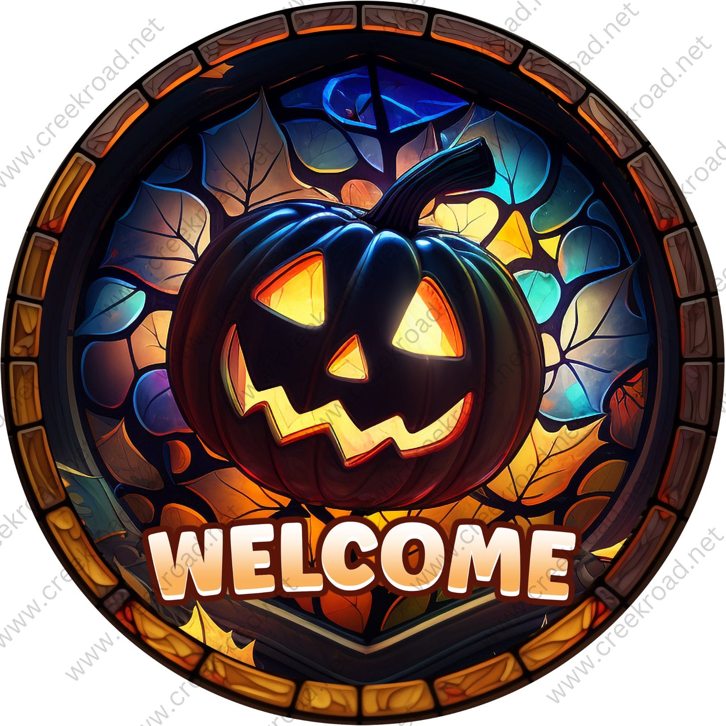 Welcome Halloween Pumpkin Faux Stained Glass Wreath Sign-Halloween-Sublimation-Decor-Creek Road Designs