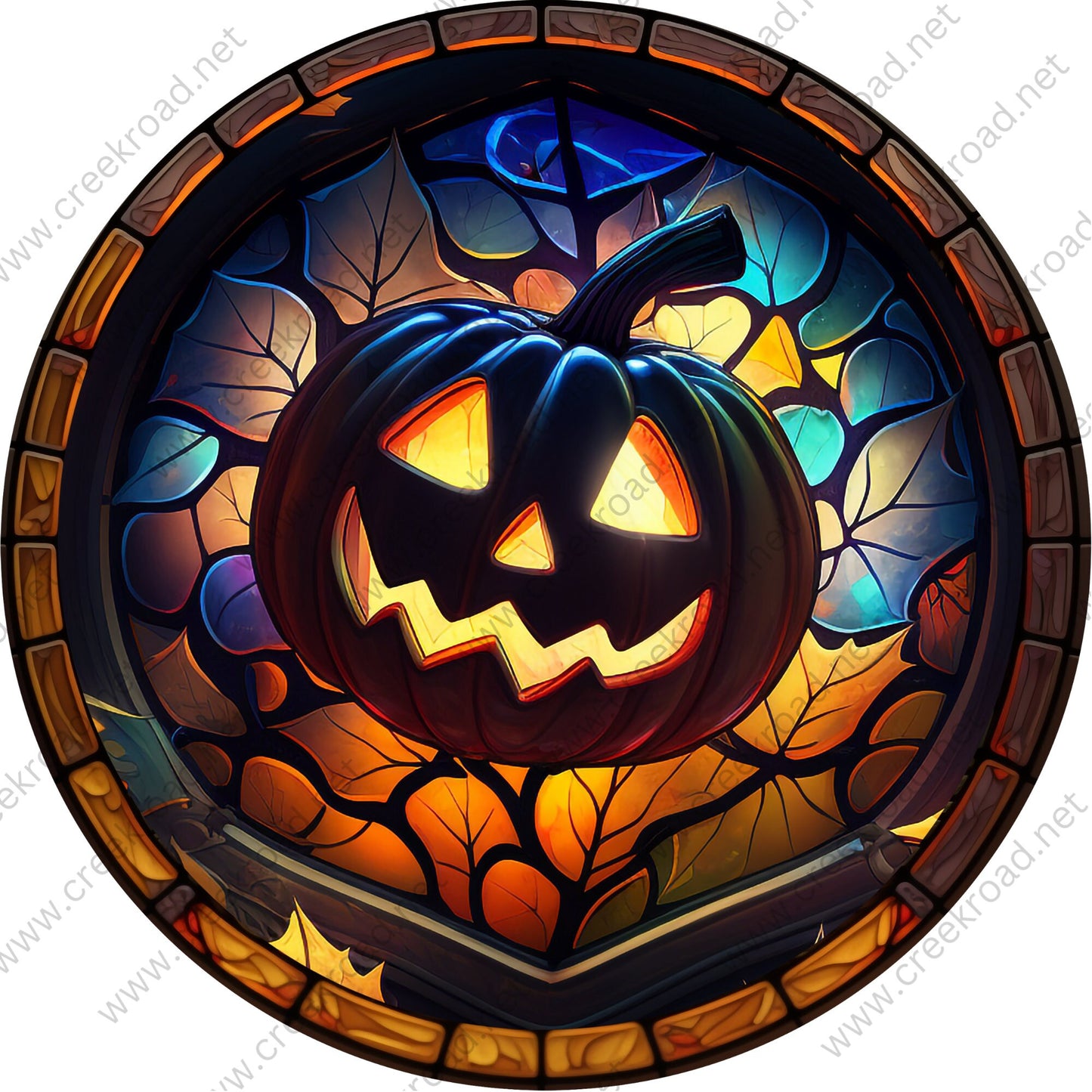 Halloween Pumpkin Faux Stained Glass Wreath Sign-Halloween-Sublimation-Decor-Creek Road Designs