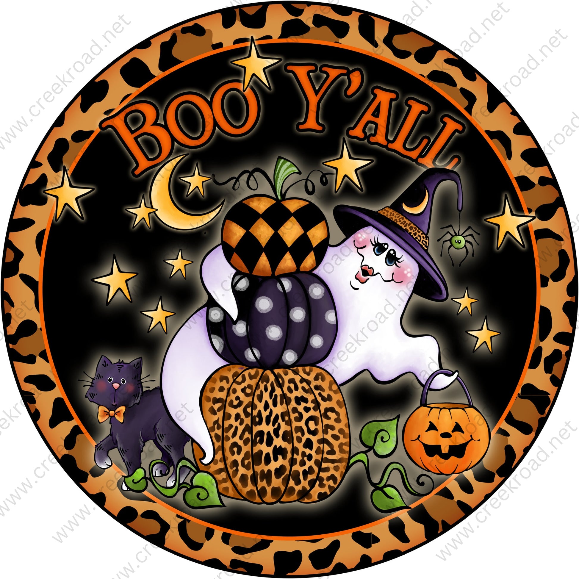 Boo Y'all Halloween Ghost Cat with Pump Stack with Leopard Border Wreath Sign-Halloween-Sublimation-Decor-Creek Road Designs