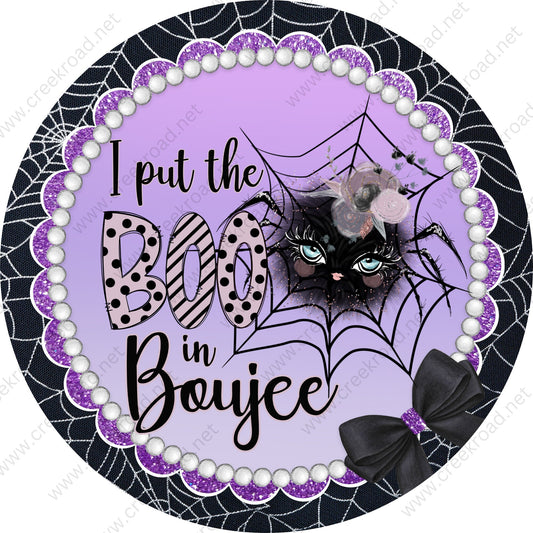 I Put The Boo in Boujee Lavender Spider Pearls on Spider Web Background Wreath Sign-Halloween-Sublimation-Decor-Creek Road Designs