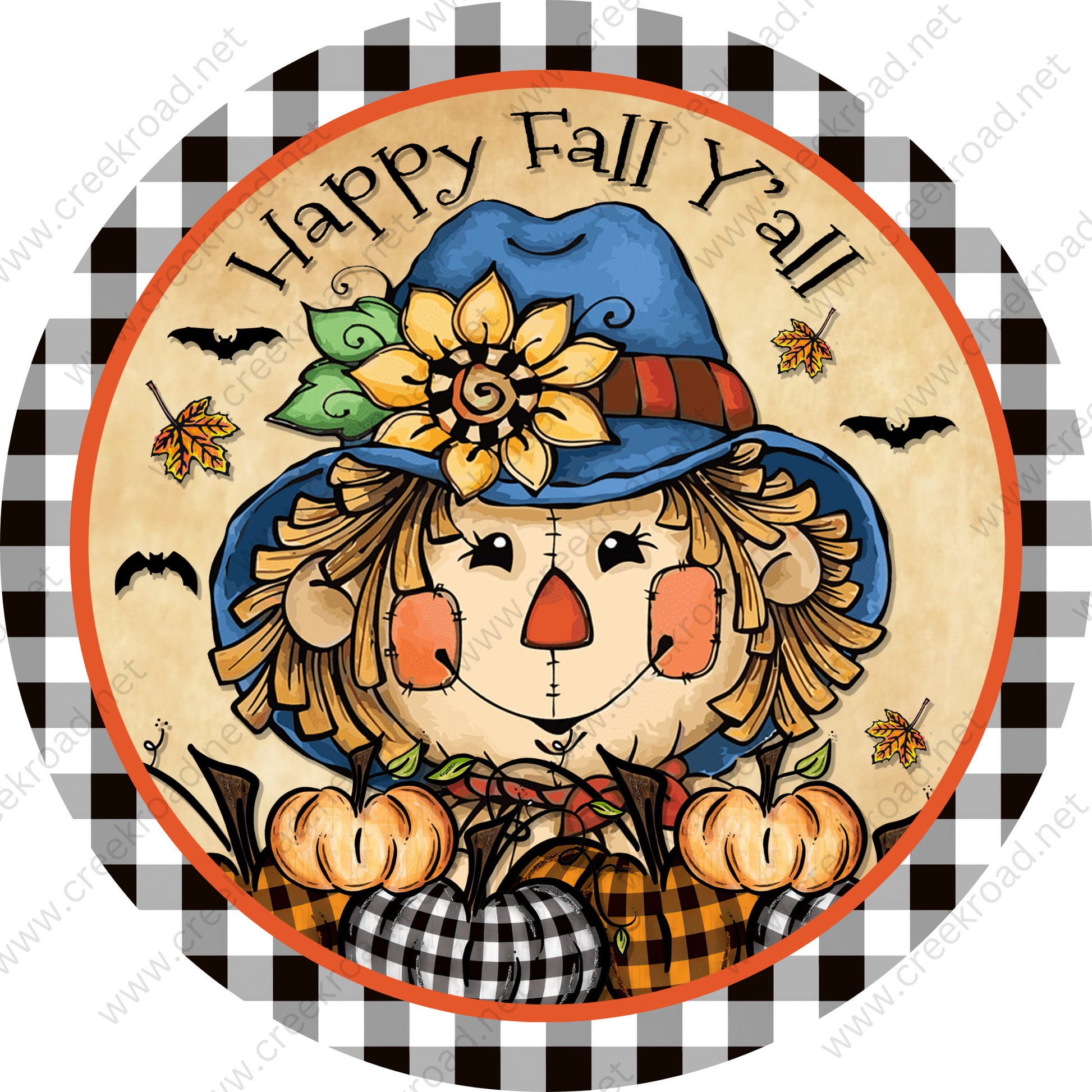 Happy Fall Y'all Scarecrow Black White Checkered Border Wreath Sign-Round-Sublimation-Autumn-Decor-Creek Road Designs