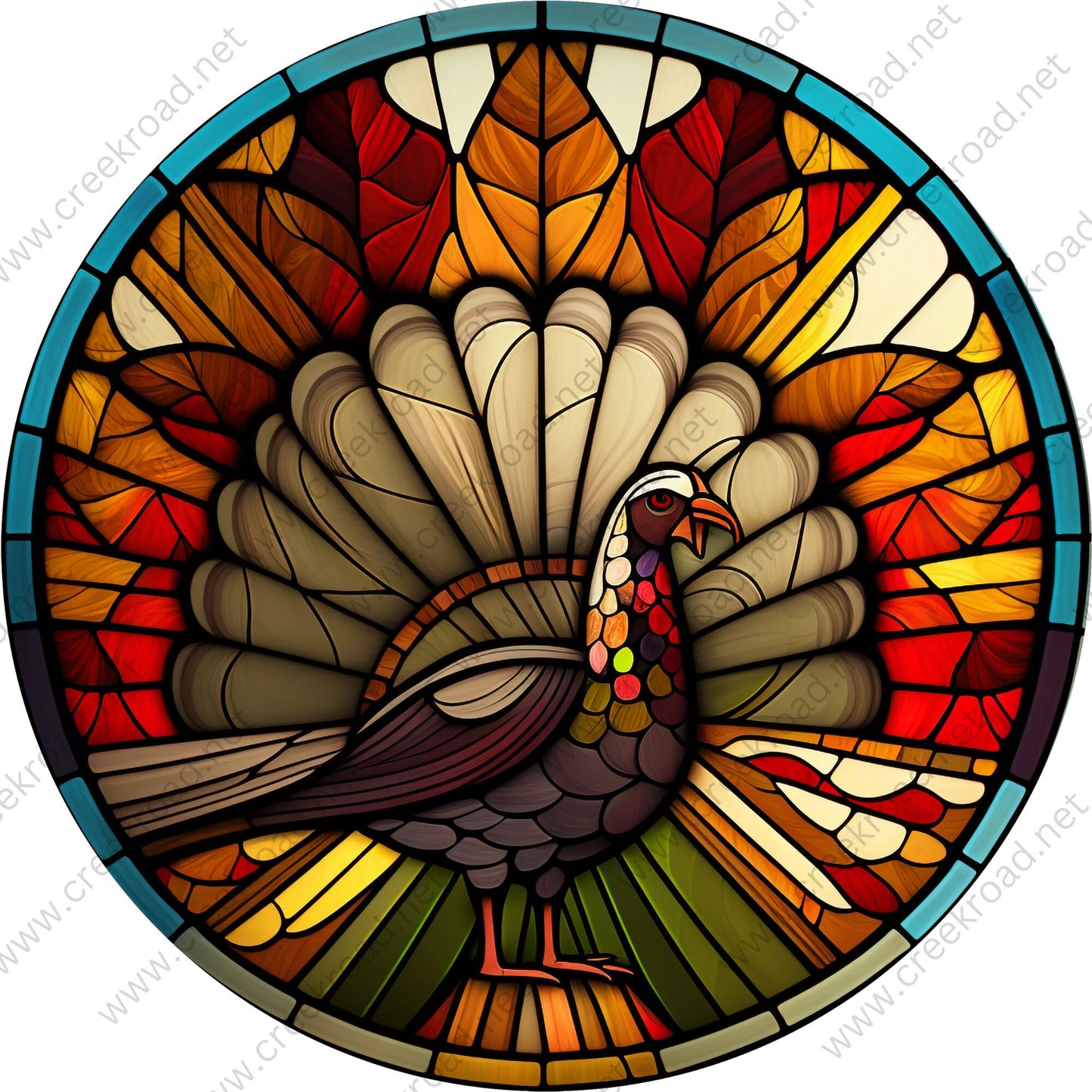 Fall Thanksgiving Turkey Faux Stained Glass Wreath Sign-Round-Sublimation-Autumn-Decor-Creek Road Designs