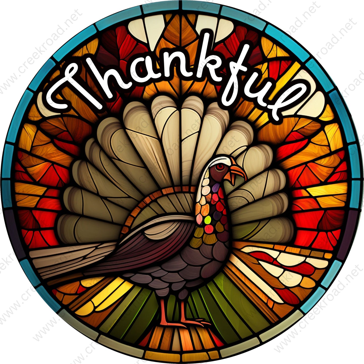 Thankful Fall Thanksgiving Turkey Faux Stained Glass Wreath Sign-Round-Sublimation-Autumn-Decor-Creek Road Designs