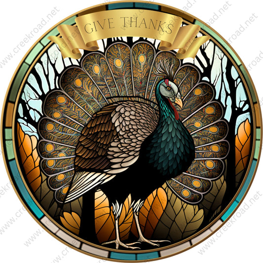 Give Thanks Fall Thanksgiving Turkey Faux Stained Glass Wreath Sign-Round-Sublimation-Autumn-Decor-Creek Road Designs