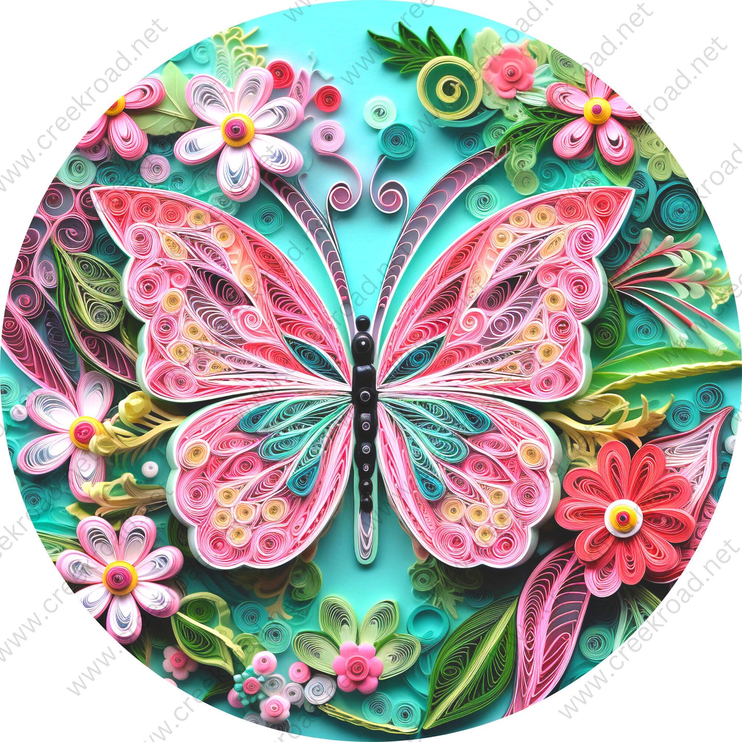 Colorful Pink Butterfly with Embroidery Appearance Wreath Sign-Round-Sublimation-Fall-Decor-Creek Road Designs