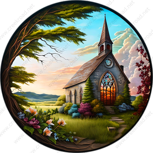 Country Church with Florals Wreath Sign-Round-Sublimation-Spring-Inspirational-Decor-Creek Road Designs