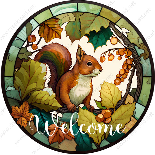 Welcome Squirrel in Tree Faux Stained Glass Wreath Sign-Round-Sublimation-Decor-Creek Road Designs