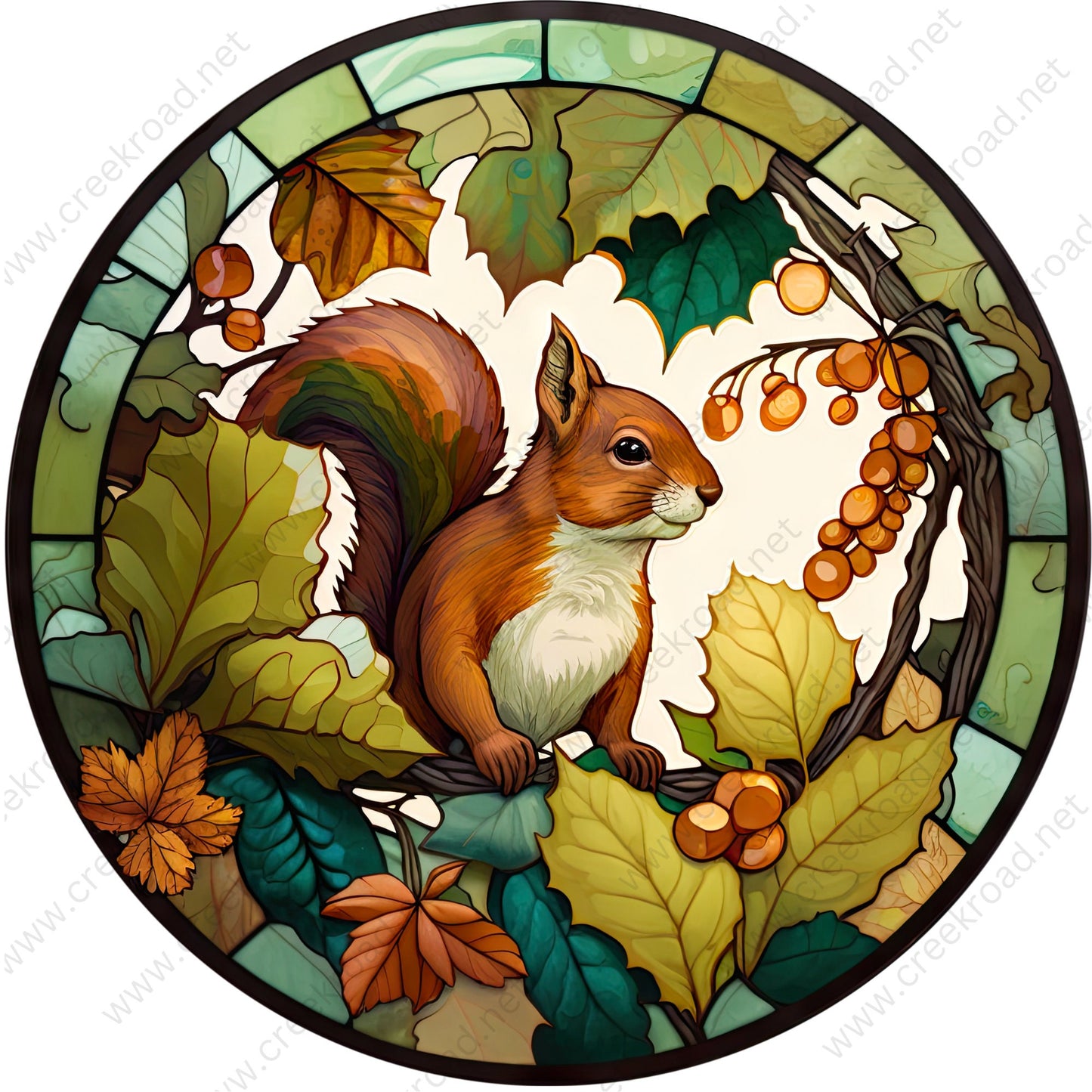 Squirrel in Tree Faux Stained Glass Wreath Sign-Round-Sublimation-Decor-Creek Road Designs