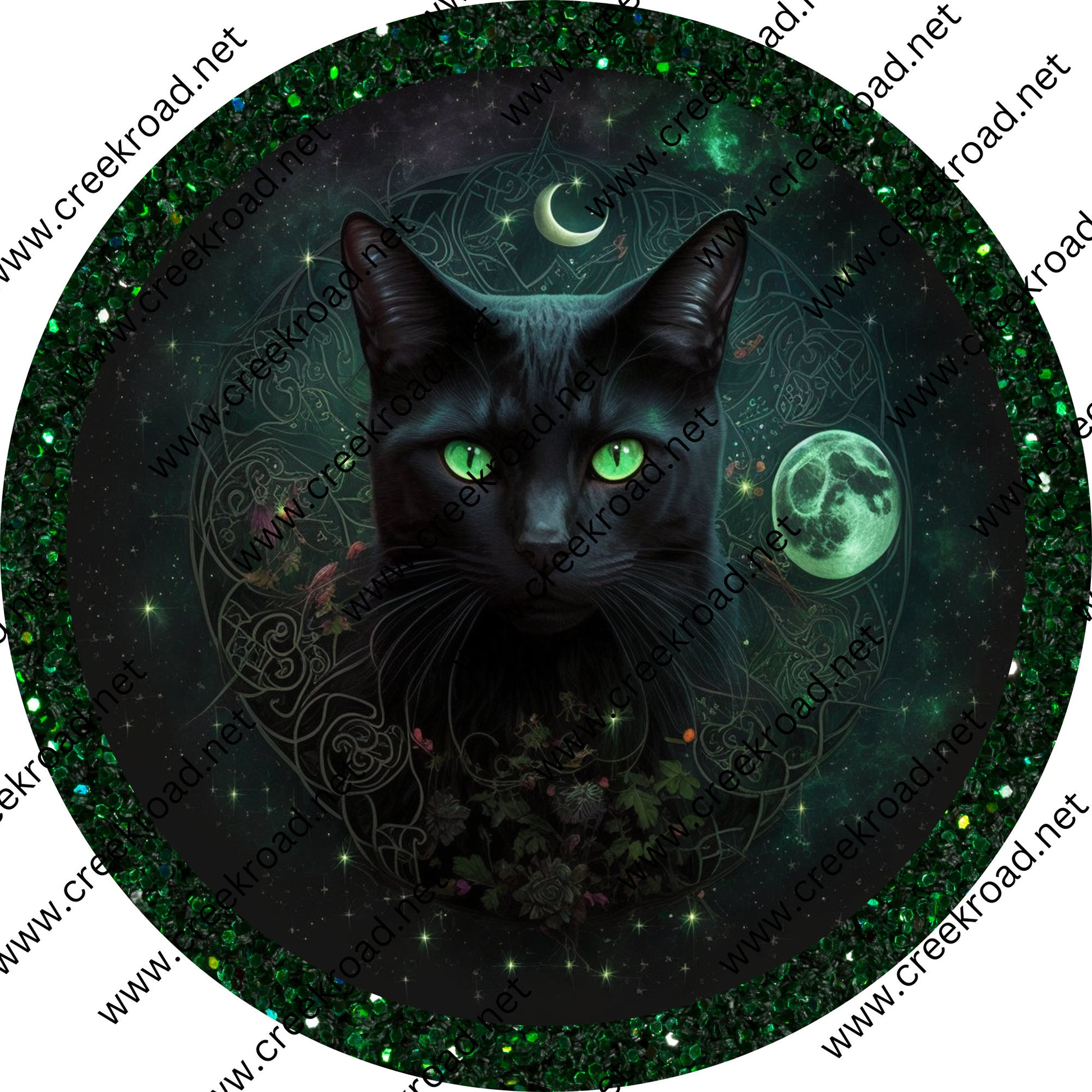 Halloween Black Cat with Celestial Background Green Glitter Border Wreath Sign-Halloween-Sublimation-Decor-Creek Road Designs