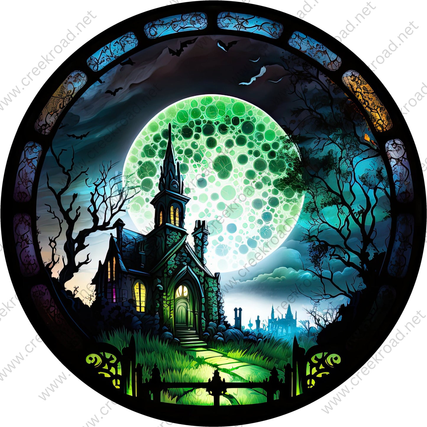 Spooky Haunted House Green Moon Ornate Border Wreath Sign-Halloween-Sublimation-Decor-Creek Road Designs