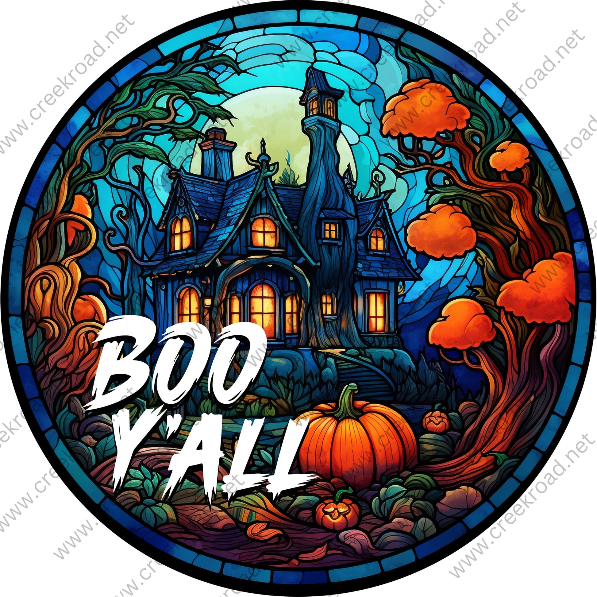 Boo Y'all Haunted House Orange Pumpkin Blue Border Wreath Sign-Halloween-Sublimation-Decor-Creek Road Designs