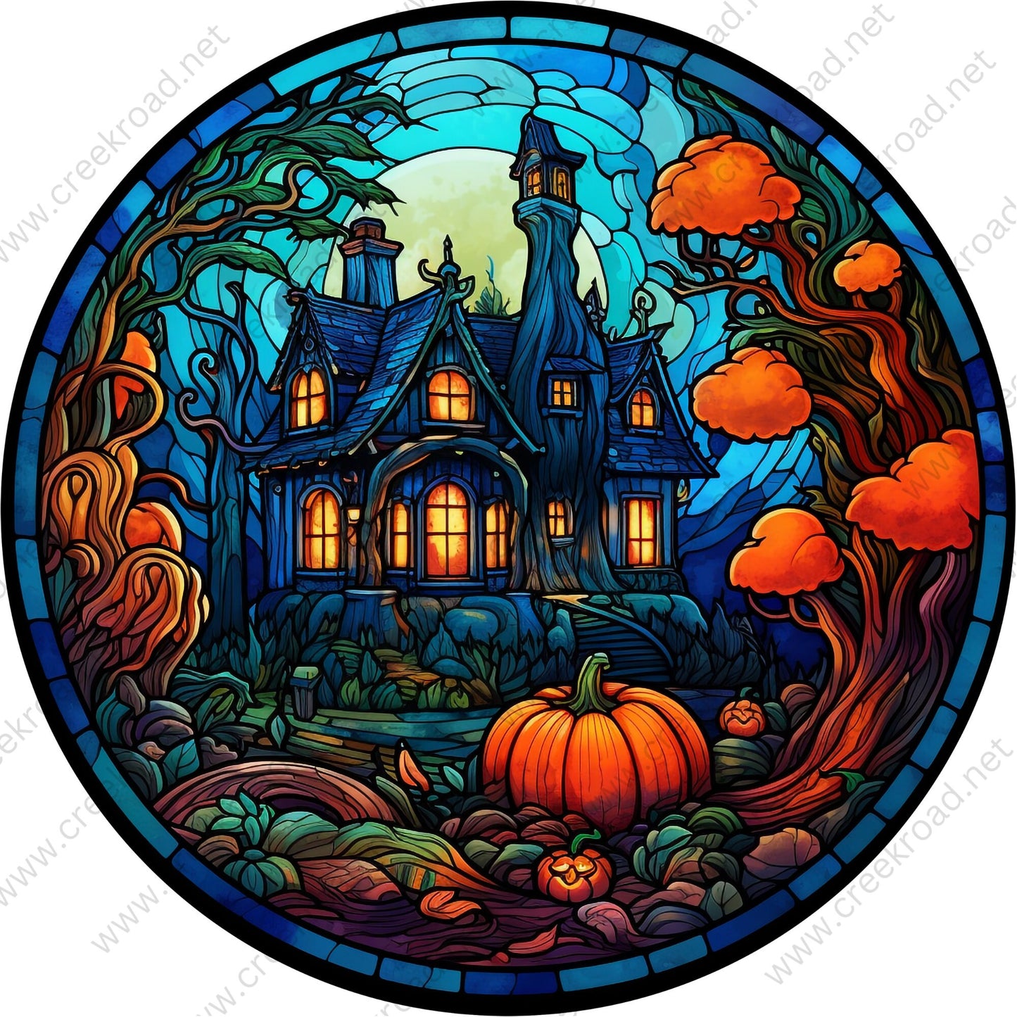 Haunted House Orange Pumpkin Blue Border Wreath Sign-Halloween-Sublimation-Decor-Creek Road Designs