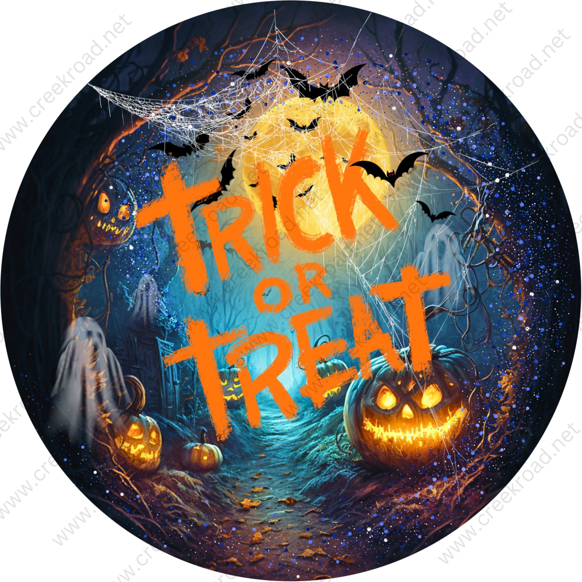 Trick Or Treat Ghost Pumpkins Spiders Bats Wreath Sign-Halloween-Sublimation-Decor-Creek Road Designs