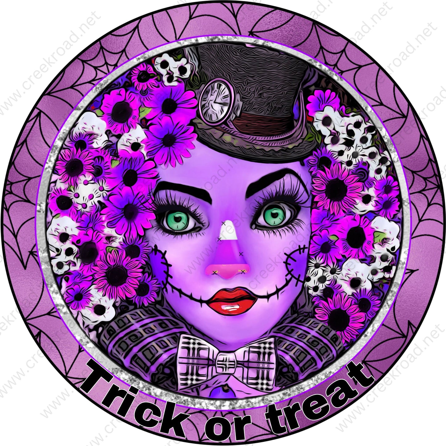 Trick Or Treat Purple Female Scarecrow Spider Web Border Wreath Sign-Halloween-Sublimation-Decor-Creek Road Designs