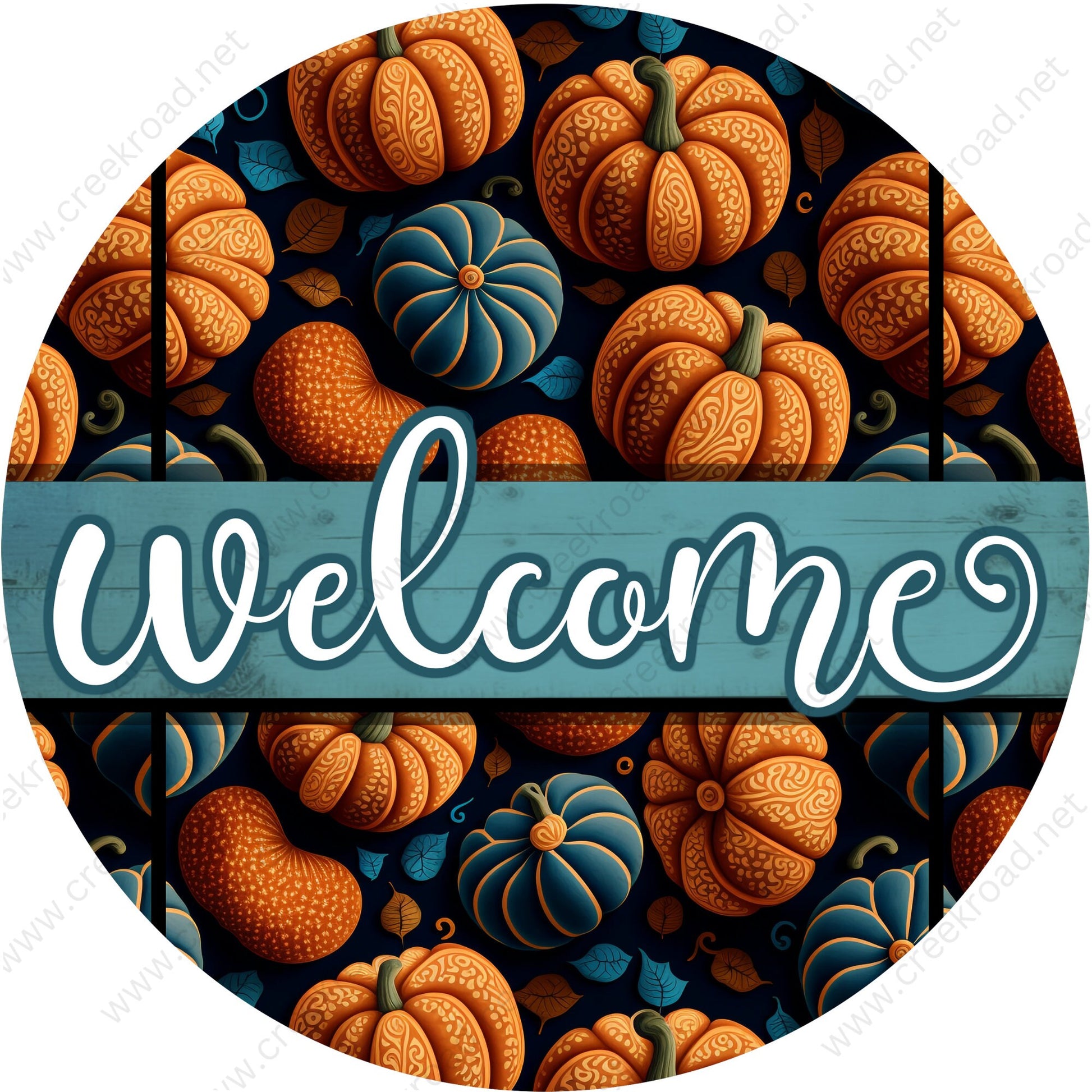 Welcome Orange Blue Pumpkin Wreath Sign-Fall-Sublimation-Attachment-Round-Creek Road Designs