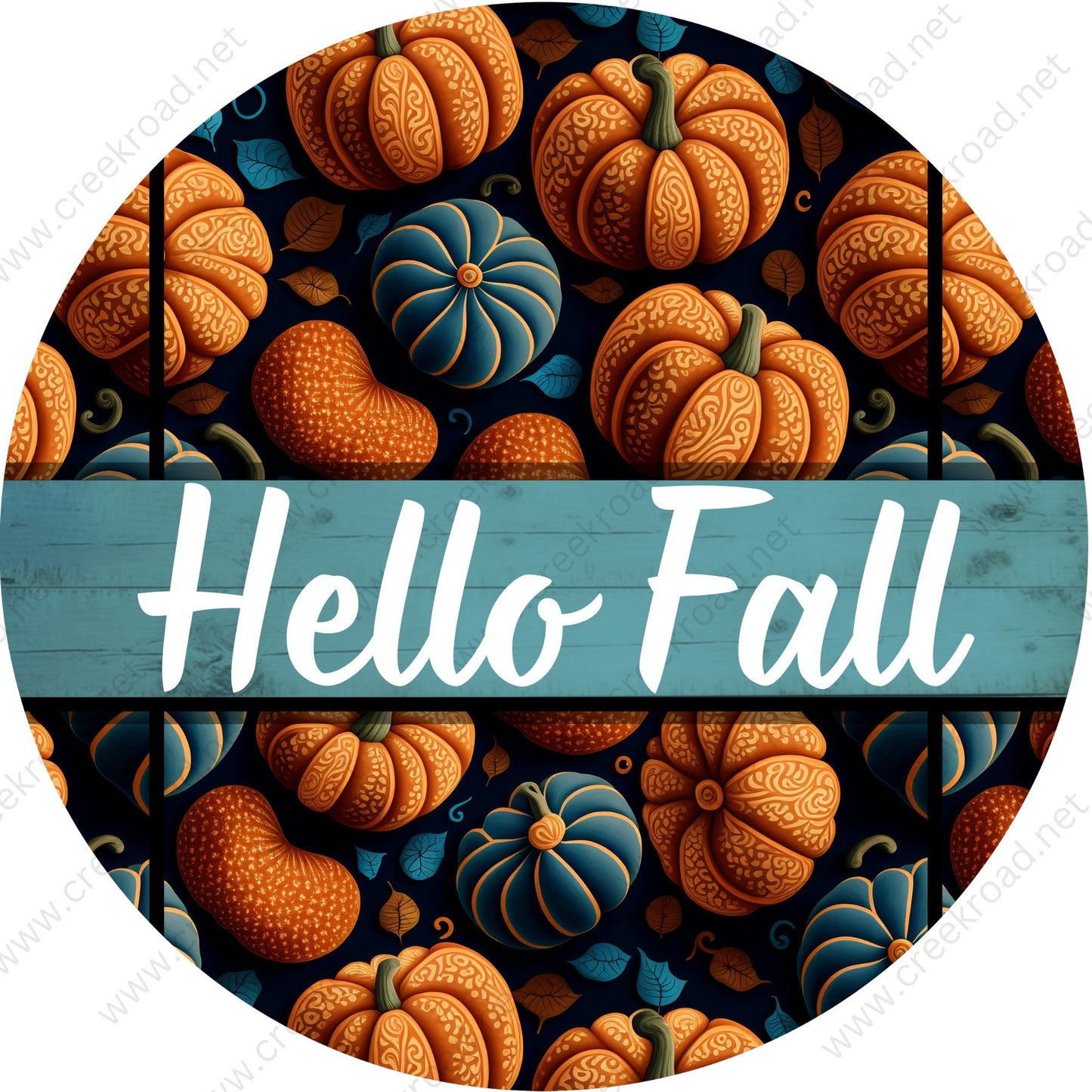 Hello Fall Orange Blue Pumpkin Wreath Sign-Fall-Sublimation-Attachment-Round-Creek Road Designs