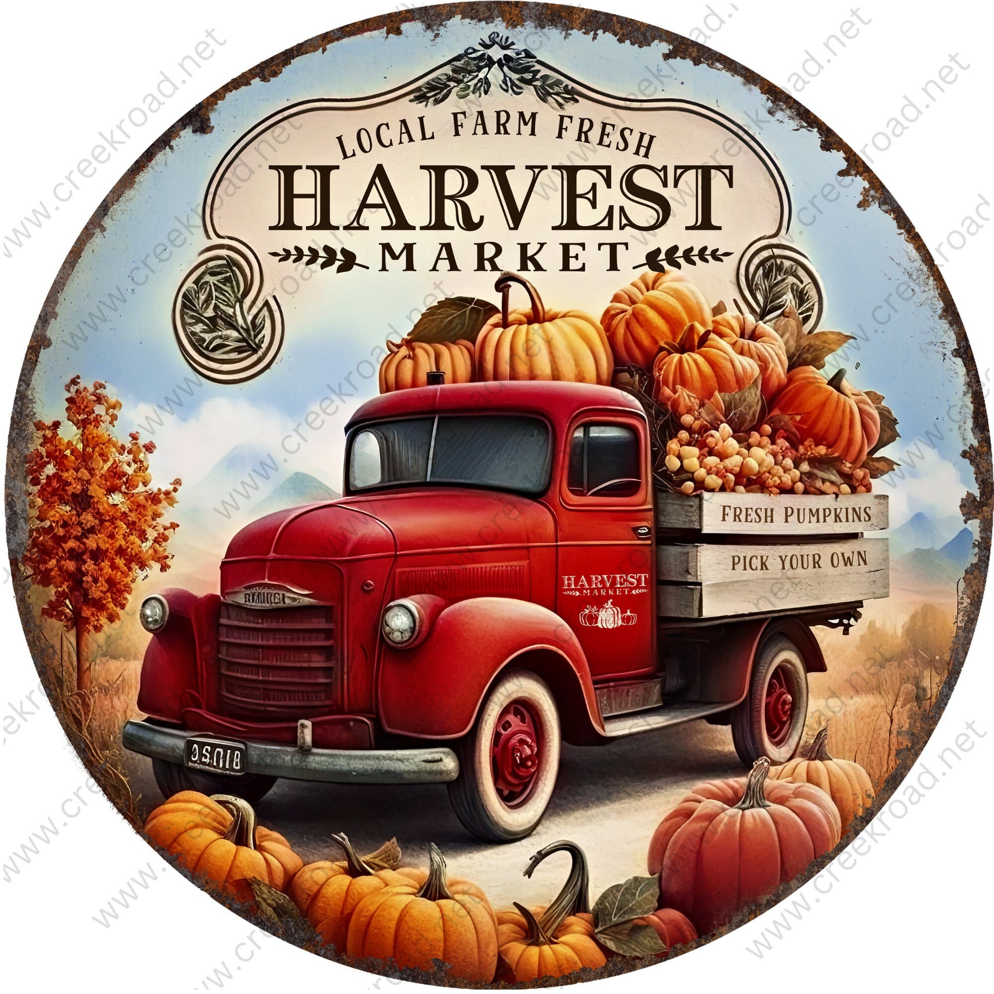 Local Farm Fresh Harvest Market Red Truck Wreath Sign-Fall-Sublimation-Attachment-Round-Creek Road Designs