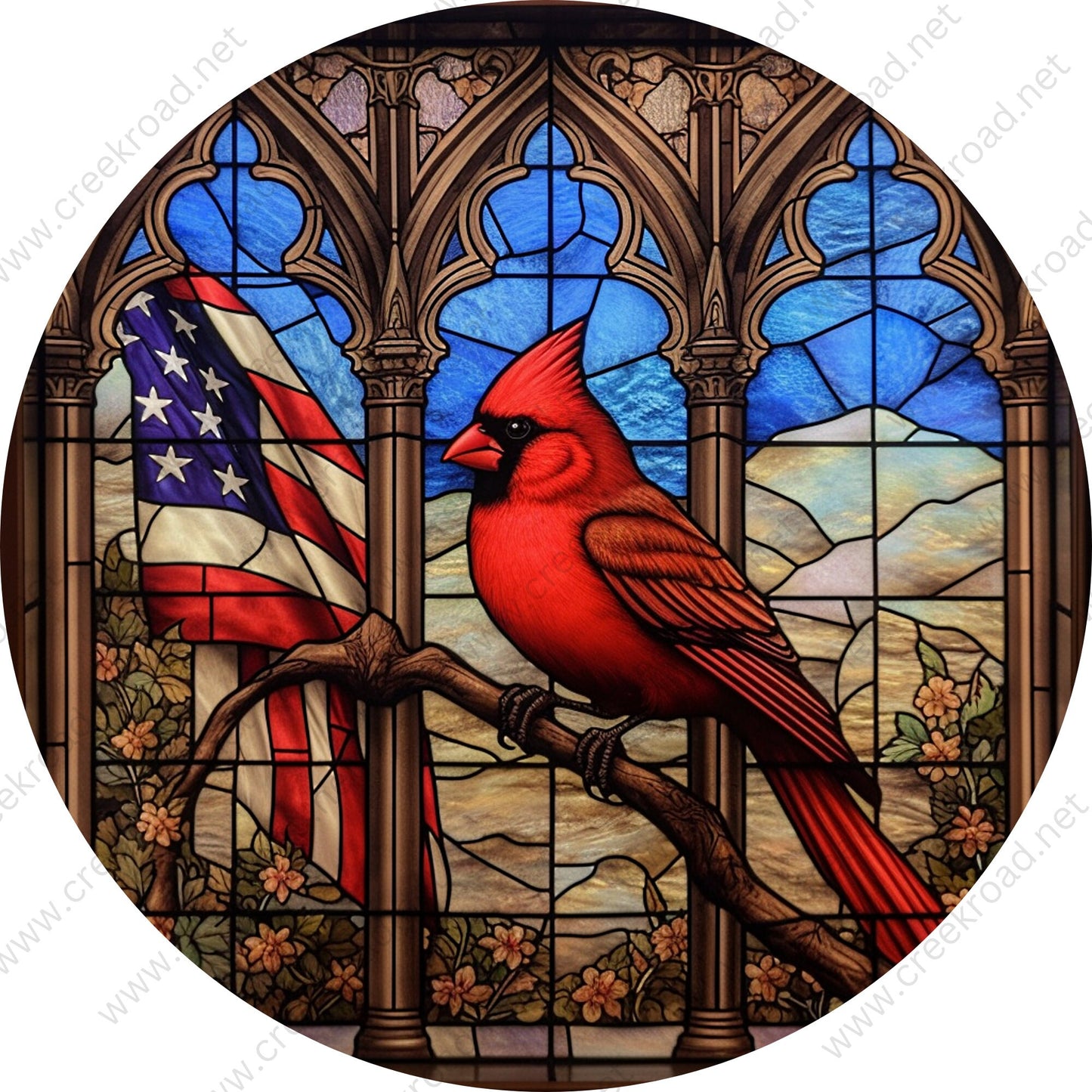 Patriotic Red Cardinal on Branch with American Flag Wreath Sign-Creek Road Designs-Sublimation-Attachment-Creek Road Design