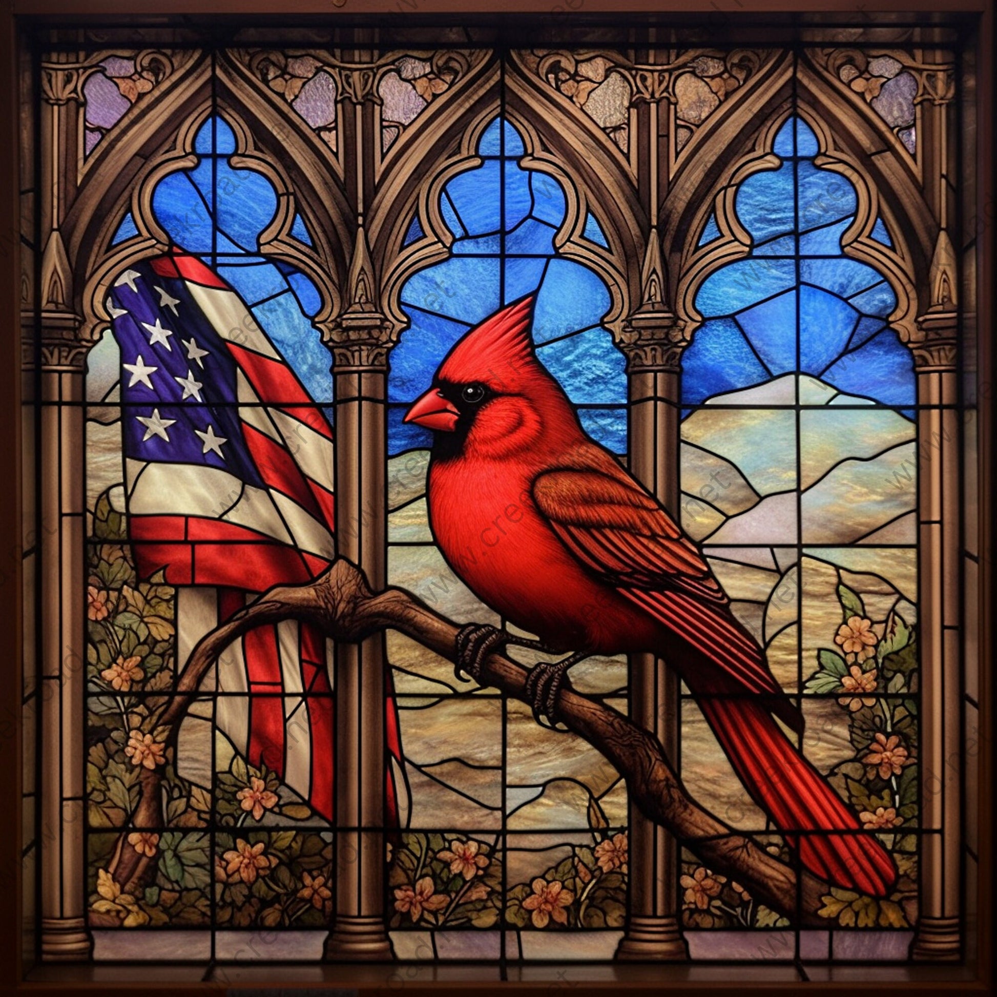 Patriotic Red Cardinal on Branch with American Flag Wreath Sign 10" x 10" Square-Creek Road Designs-Sublimation-Attachment