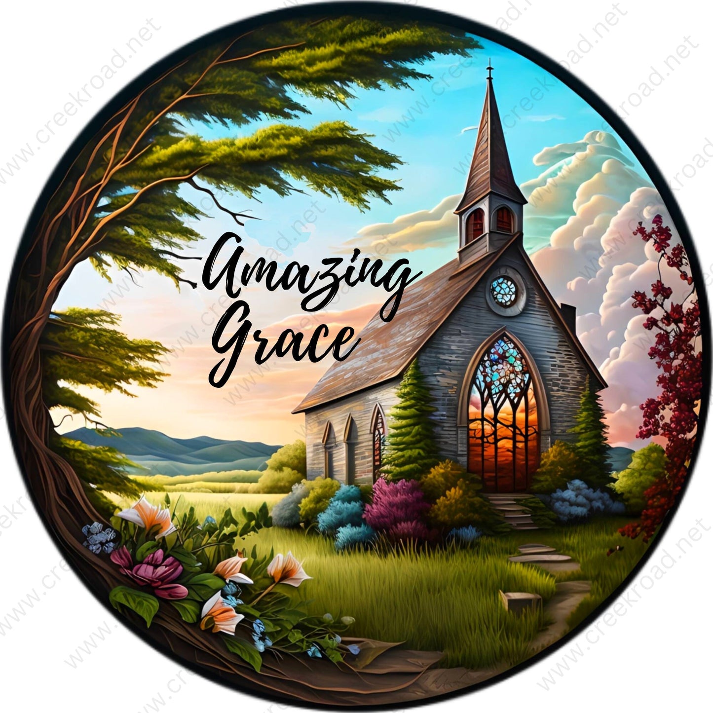 Amazing Grace Country Church with Florals Wreath Sign-Round-Sublimation-Spring-Inspirational-Decor-Creek Road Designs