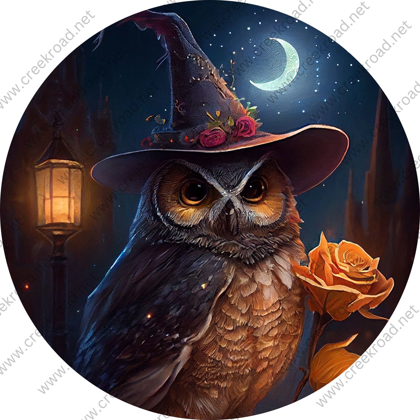 Halloween Witchy Owl Under Crescent Moon Orange Rose Wreath Sign-Halloween-Sublimation-Decor-Creek Road Designs