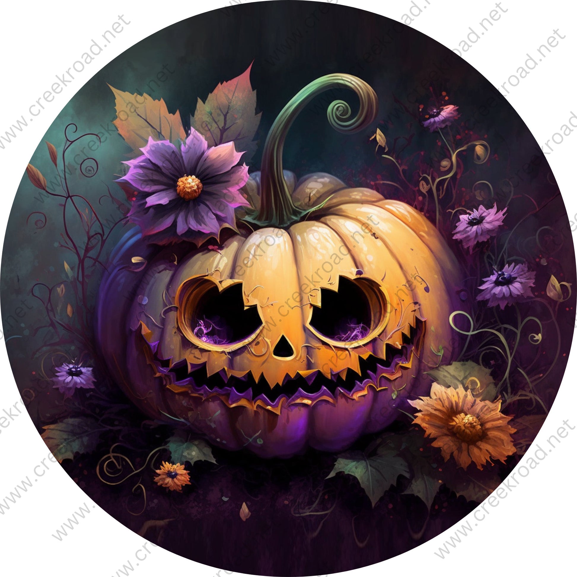 Jackolantern Pumpkin with Purple Flowers Wreath Sign-Halloween-Sublimation-Decor-Creek Road Designs