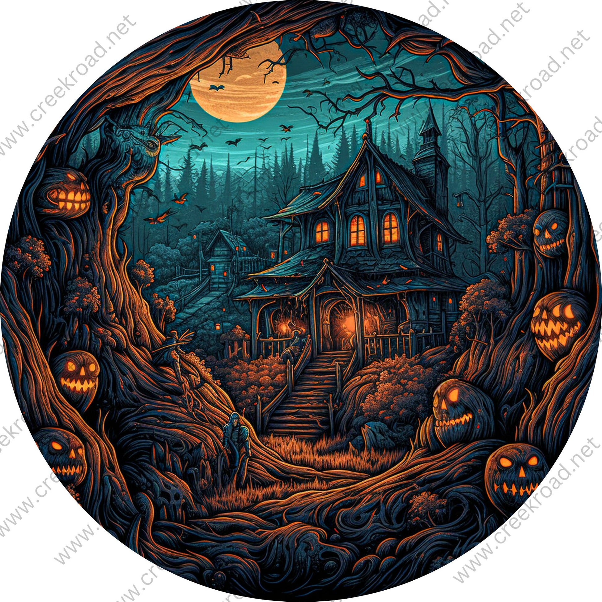 Spooky Haunted House with Jackolantern Tree Entrance Wreath Sign-Halloween-Sublimation-Decor-Creek Road Designs