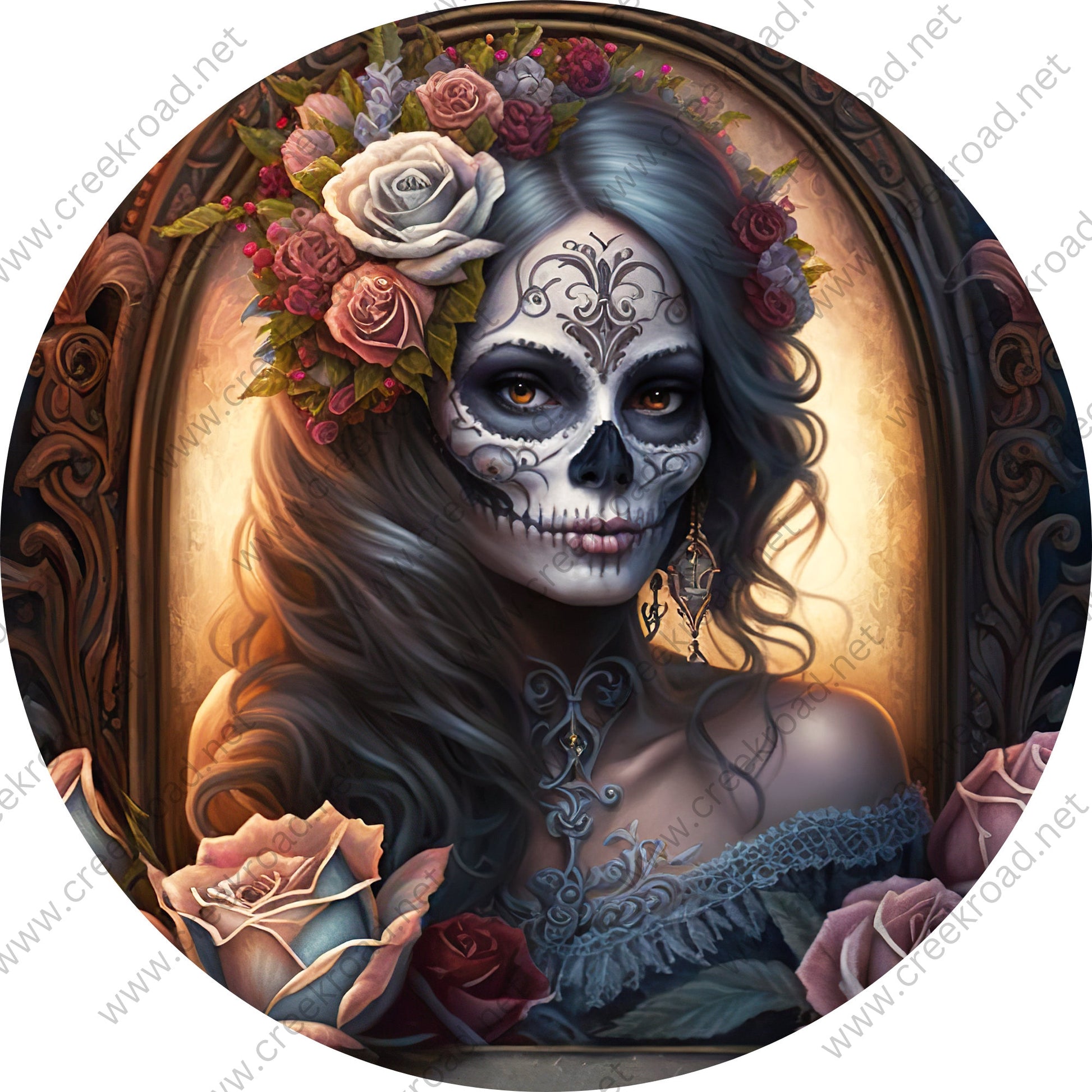 Beautiful Female Sugar Skull with Flower Hairpiece Wreath Sign-Halloween-Sublimation-Decor-Creek Road Designs