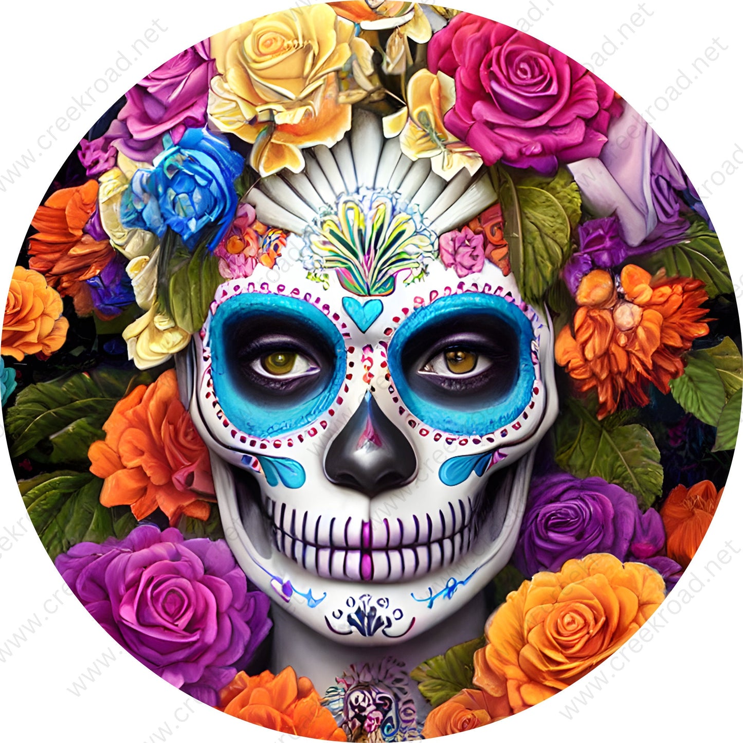 Beautiful Colorful Flowers Dia de la Muerta Wreath Sign-Halloween-Sublimation-Decor-Creek Road Designs