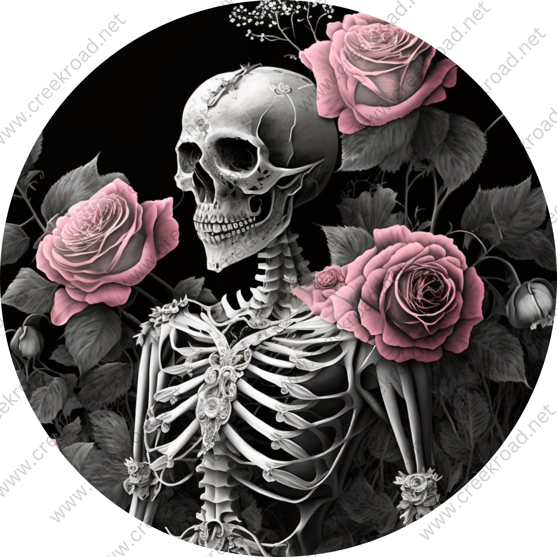 Human Skeleton with Ornate Breast Bone With Pink Roses Wreath Sign-Halloween-Sublimation-Decor-Creek Road Designs