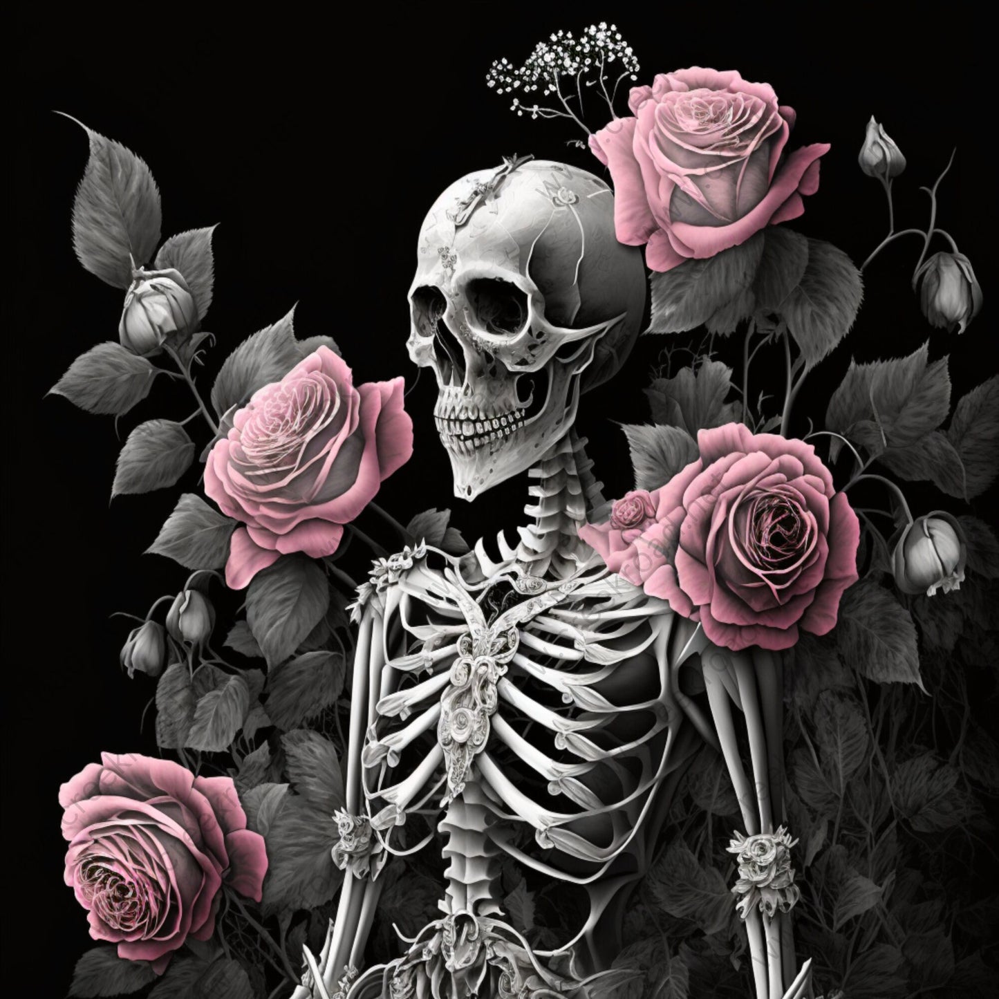 Human Skeleton with Ornate Breast Bone With Pink Roses Wreath Sign-10"x10" Square-Halloween-Sublimation-Decor-Creek Road Designs