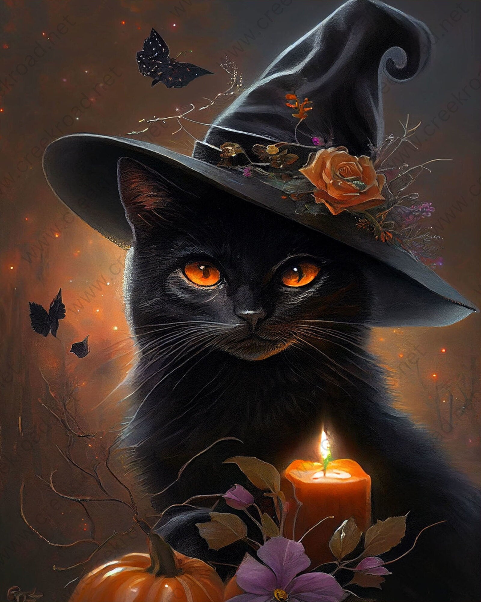 Witchy Black Cat with Candle Pumpkin Wreath Sign-8" x 10"-Halloween-Sublimation-Decor-Creek Road Designs