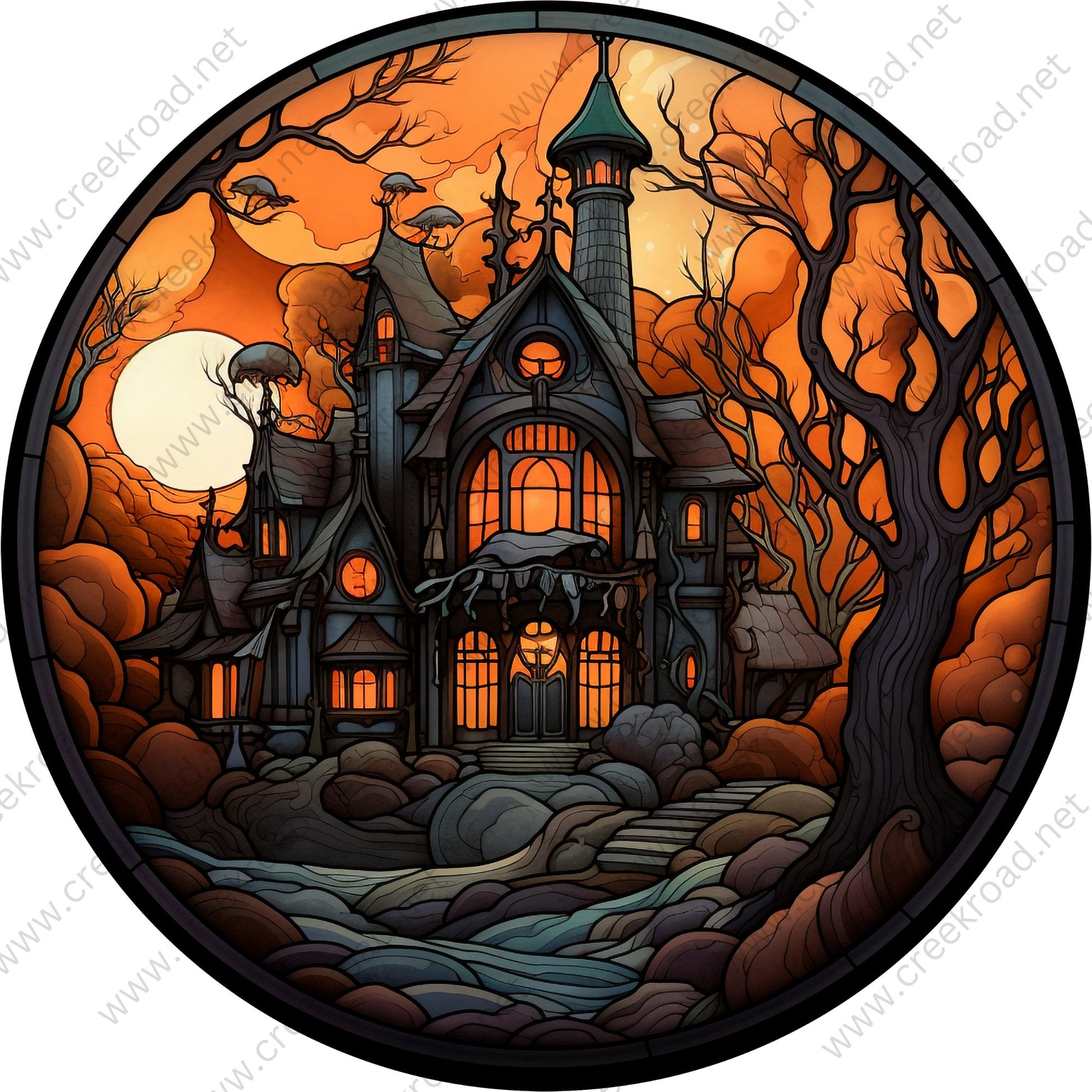 Orange Sky Haunted House Under Full Moon Wreath Sign-Halloween-Sublimation-Decor-Creek Road Designs