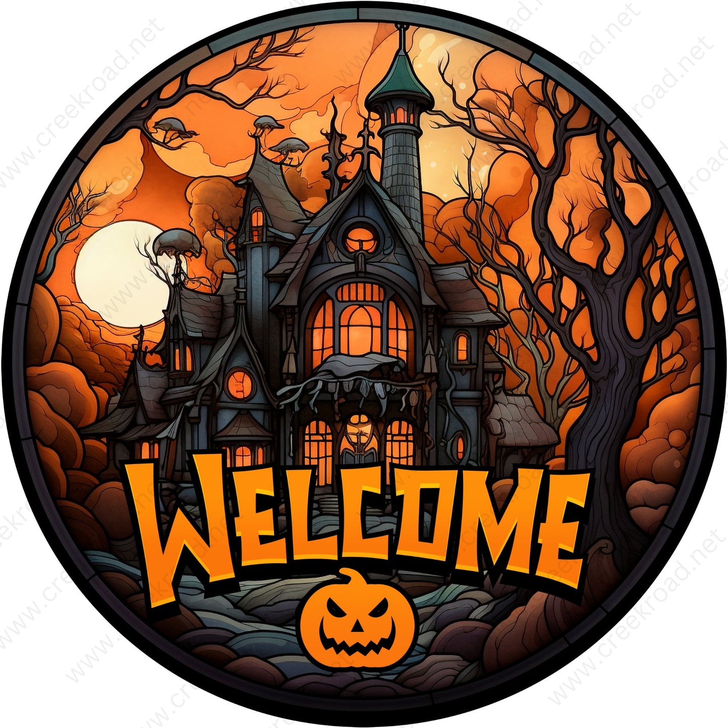 Welcome Orange Sky Haunted House Under Full Moon Wreath Sign-Halloween-Sublimation-Decor-Creek Road Designs