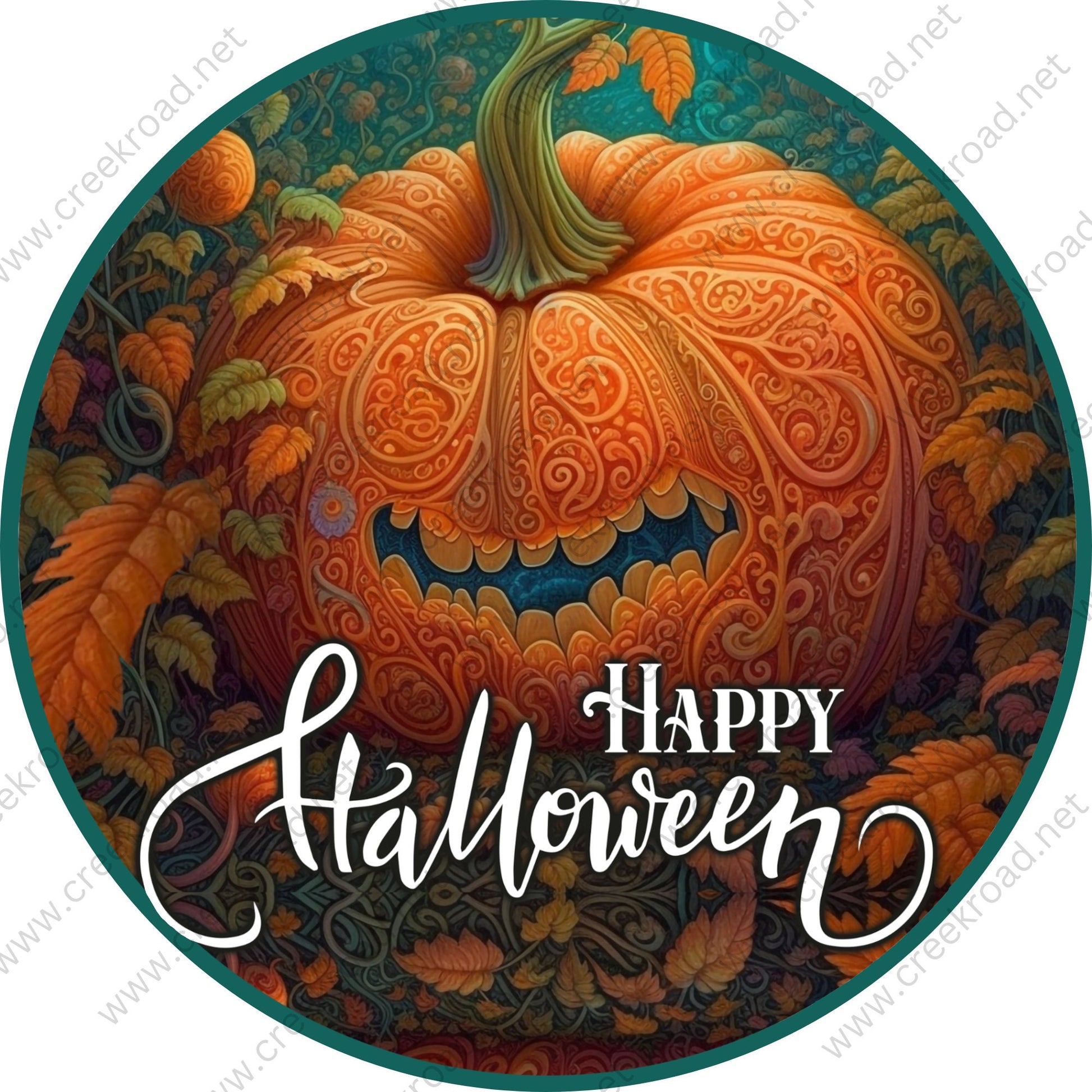 Happy Halloween Pumpkin with Teeth Wreath Sign-Halloween-Sublimation-Decor-Creek Road Designs