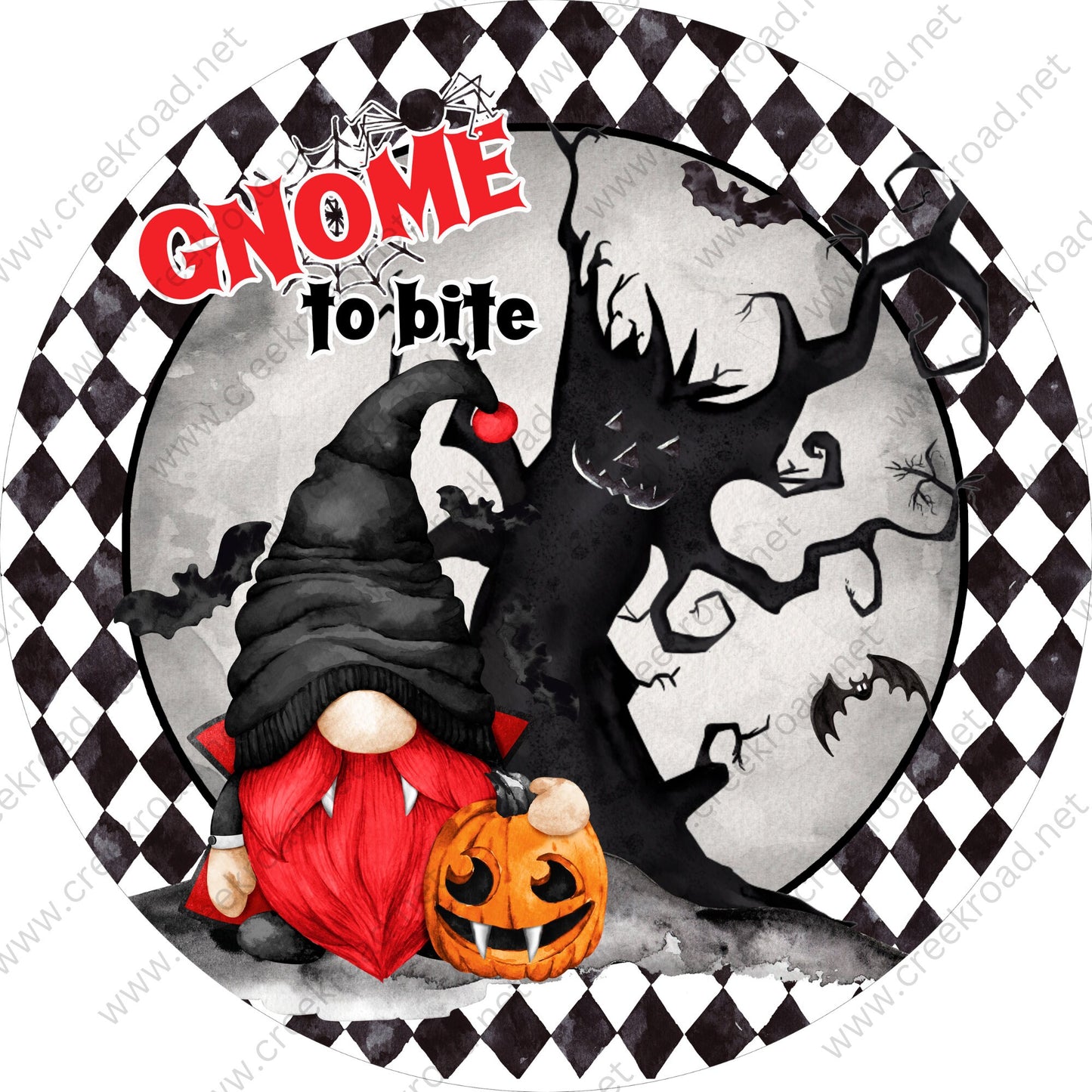 Gnome To Bite Black White Checkered Border Wreath Sign-Halloween-Sublimation-Decor-Creek Road Designs