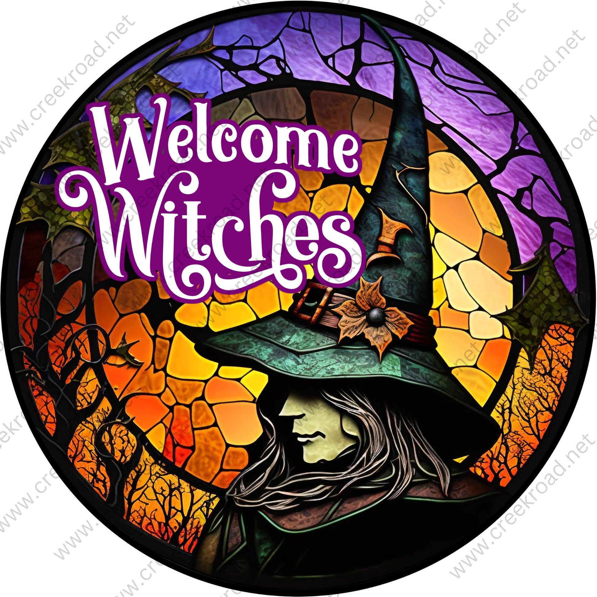 Welcome Witches Purple Orange Wreath Sign-Halloween-Sublimation-Decor-Creek Road Designs