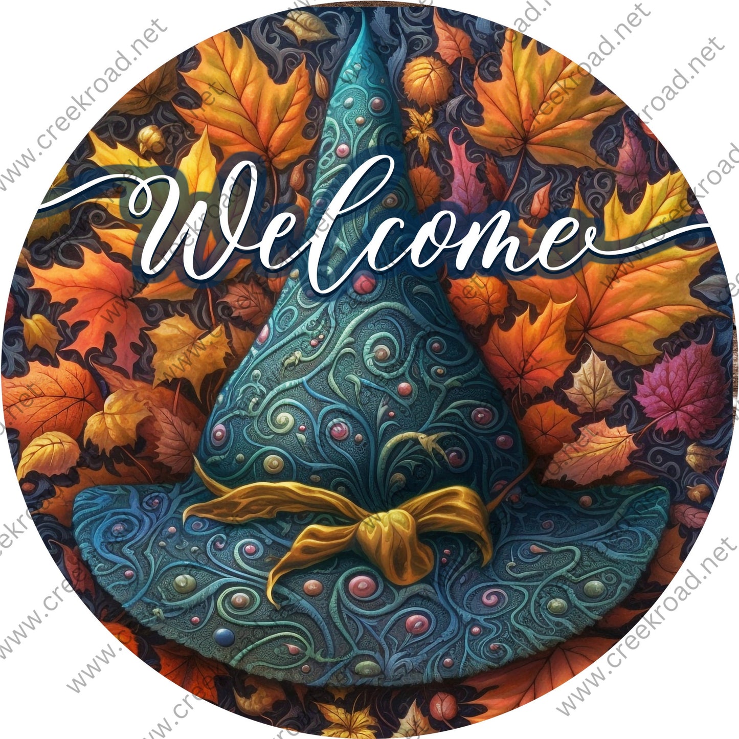 Welcome Witches Hat Fall Leaves Wreath Sign-Halloween-Sublimation-Decor-Creek Road Designs