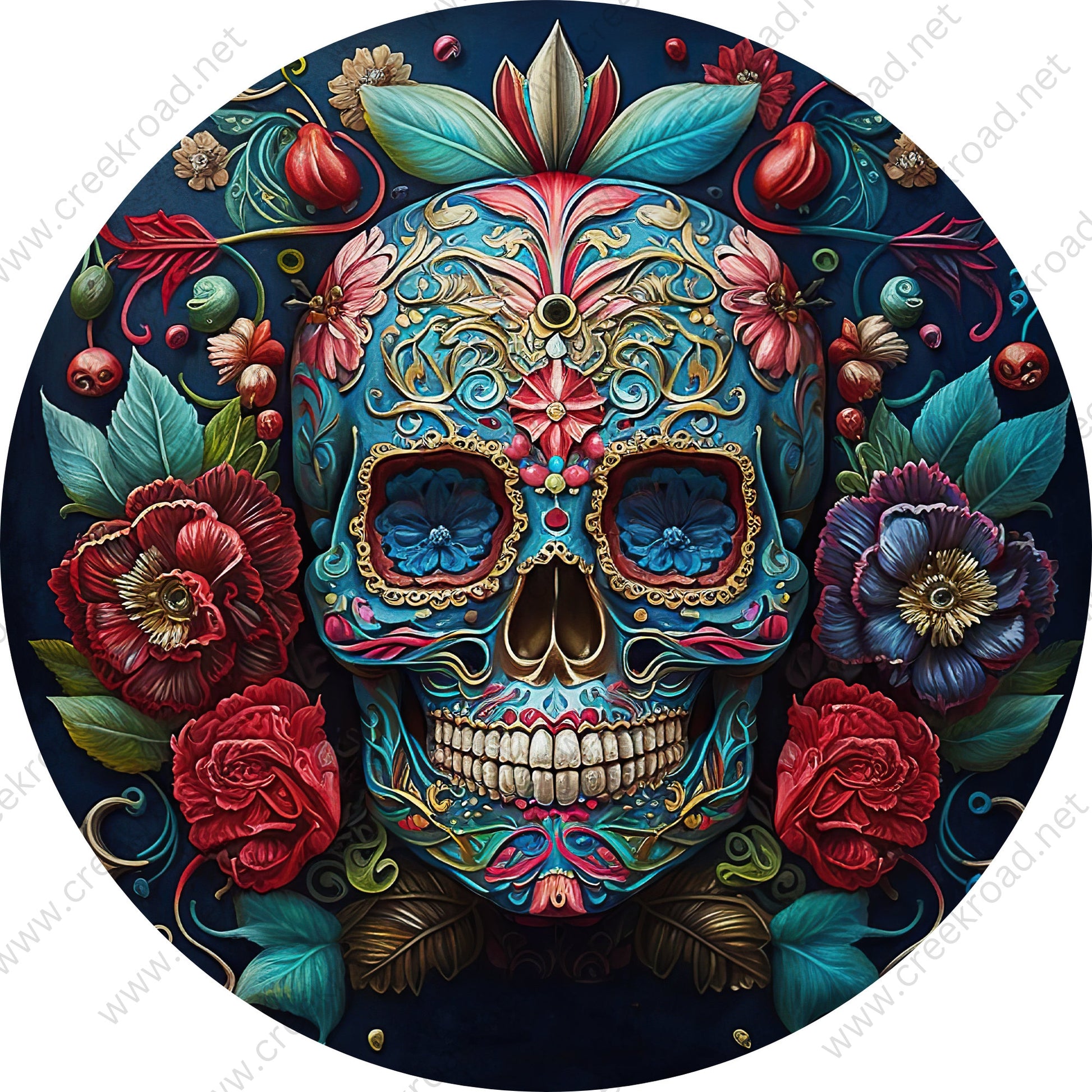 Detailed Teal Red Sugar Skull Wreath Sign-Halloween-Sublimation-Decor-Creek Road Designs