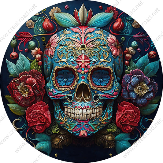 Detailed Teal Red Sugar Skull Wreath Sign-Halloween-Sublimation-Decor-Creek Road Designs