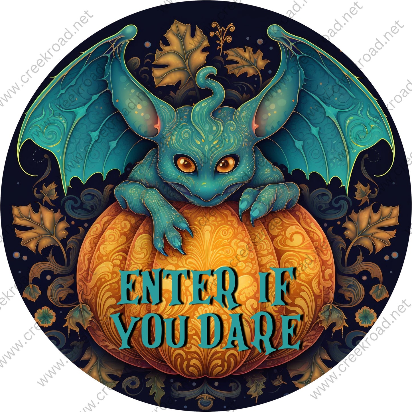 Enter If You Dare Teal Gargoyle Ornate Pumpkin Wreath Sign-Halloween-Sublimation-Decor-Creek Road Designs