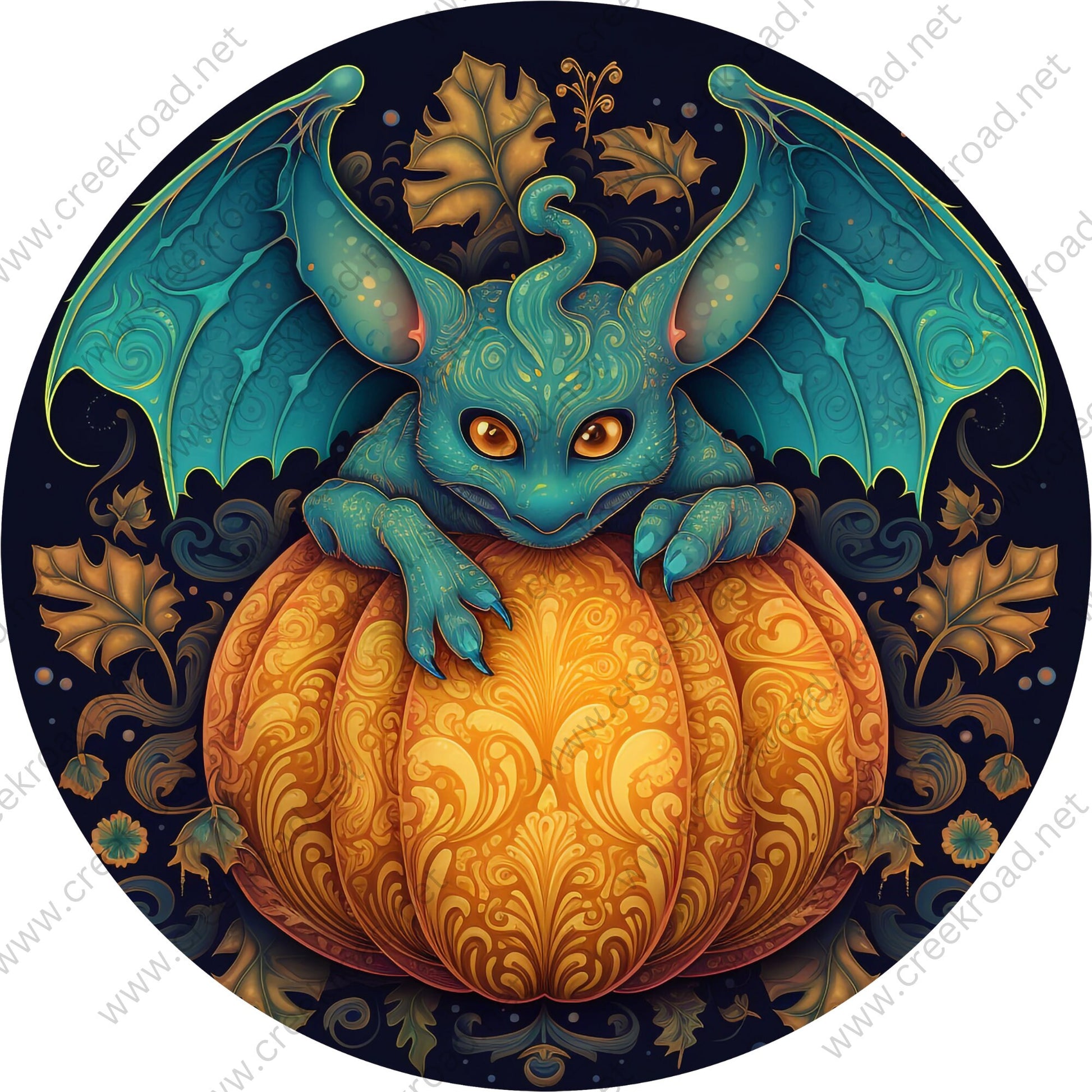 Teal Gargoyle Ornate Pumpkin Wreath Sign-Halloween-Sublimation-Decor-Creek Road Designs