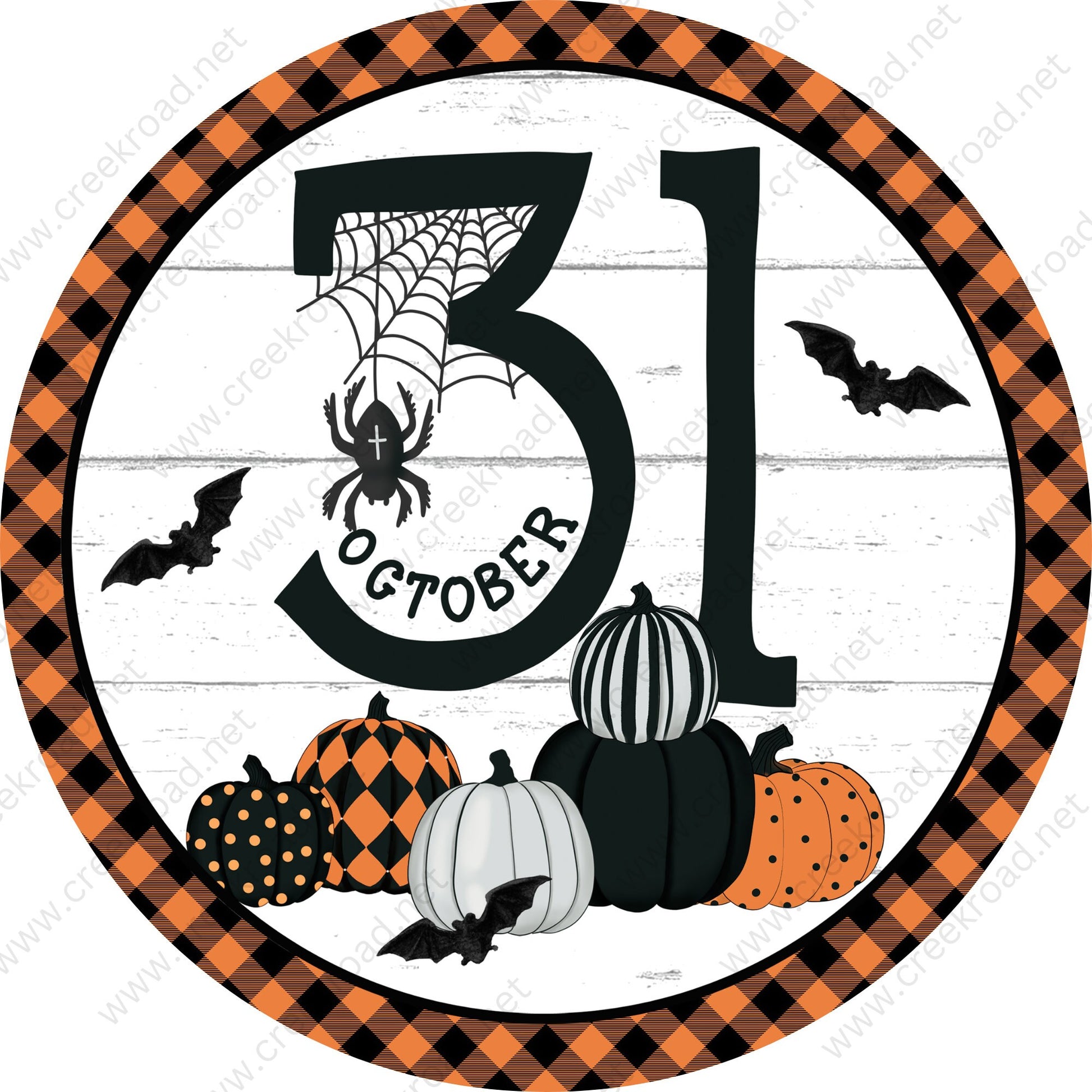 October 31 Pumpkin Orange Black Checkered Bats Spider Wreath Sign-Halloween-Sublimation-Decor-Creek Road Designs