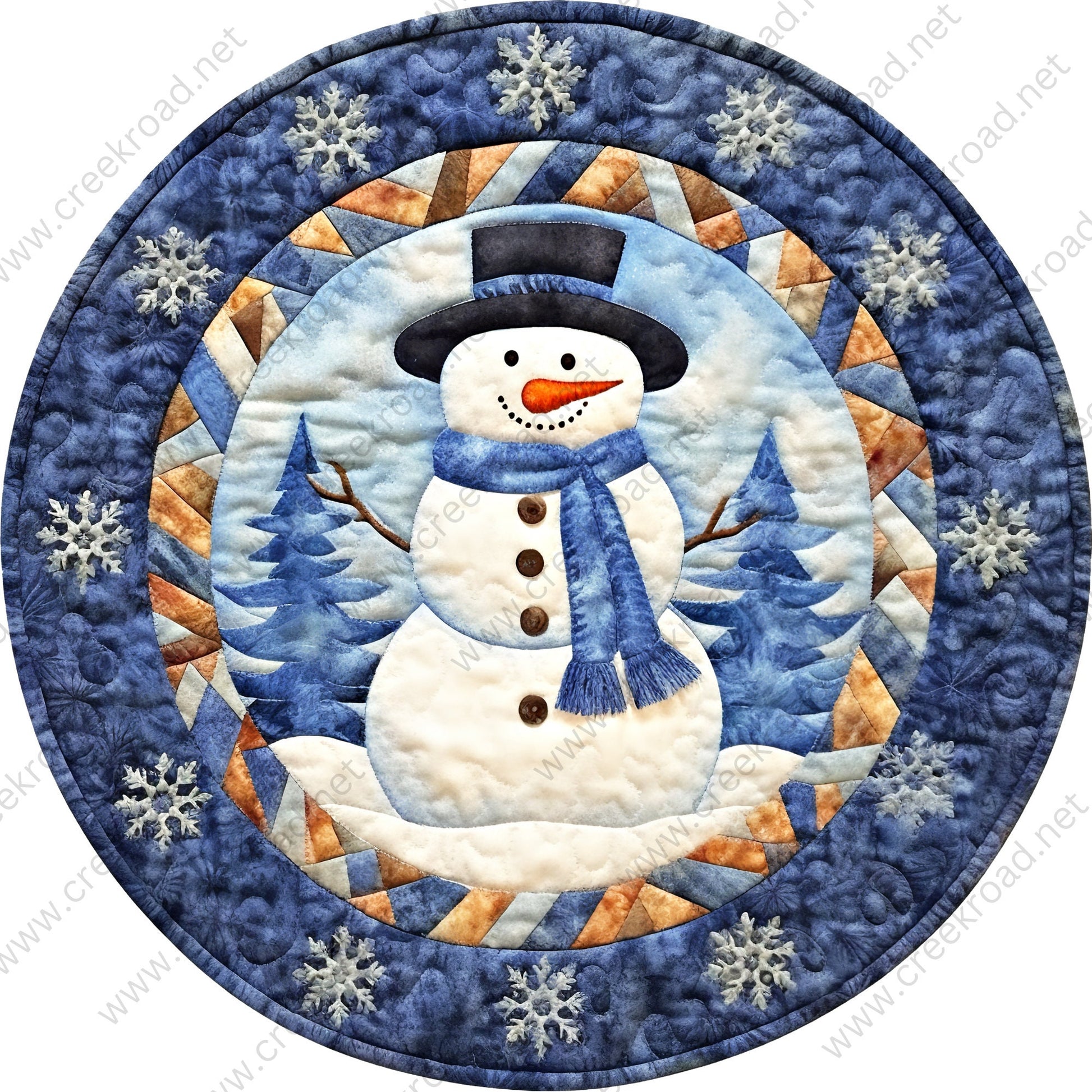 Blue Quilted Snowman with Blue Snowflake Border Wreath Sign-Sublimation-Round-Christmas-Decor