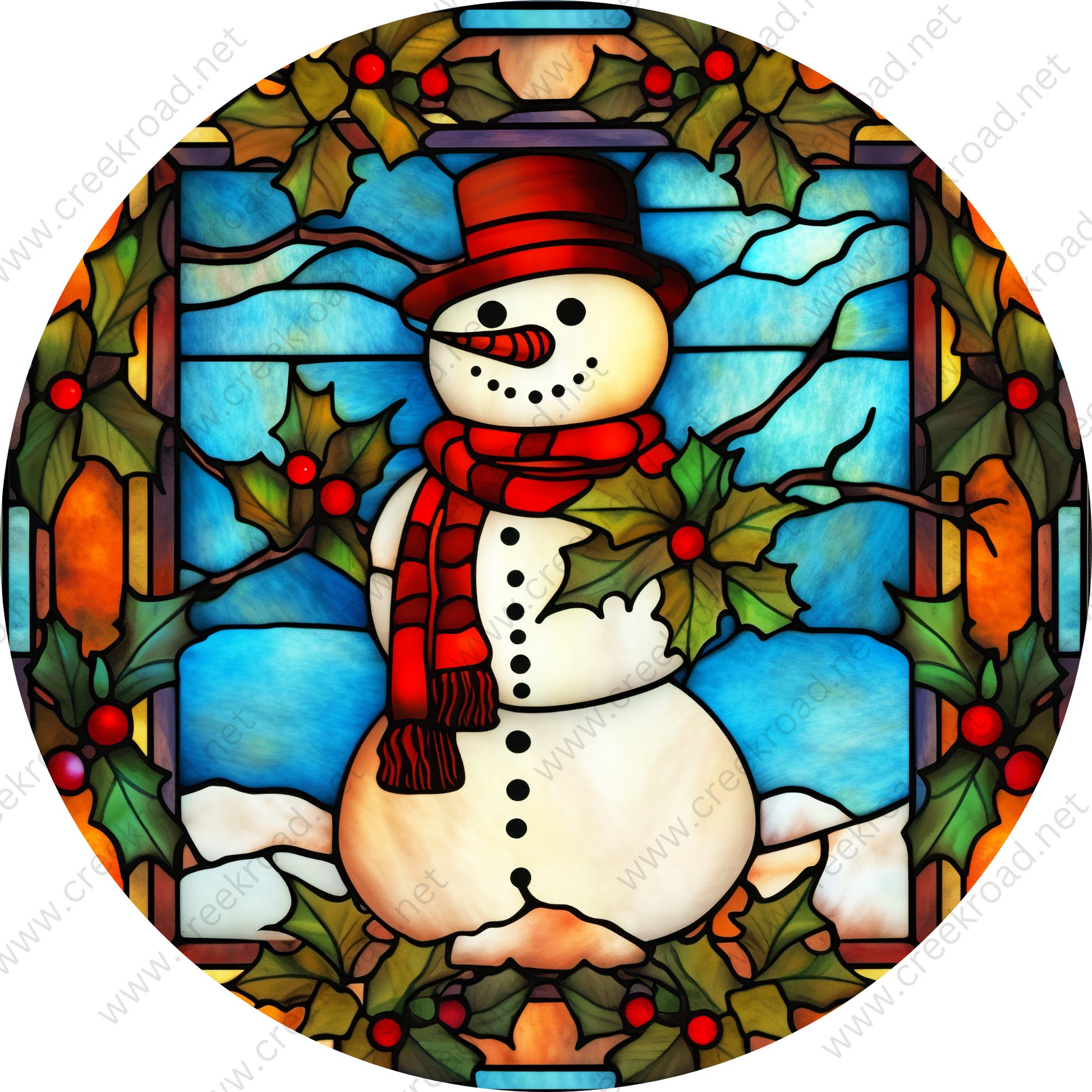 Winter Snowman with Holly Berries Wreath Sign-Sublimation-Round-Christmas-Decor