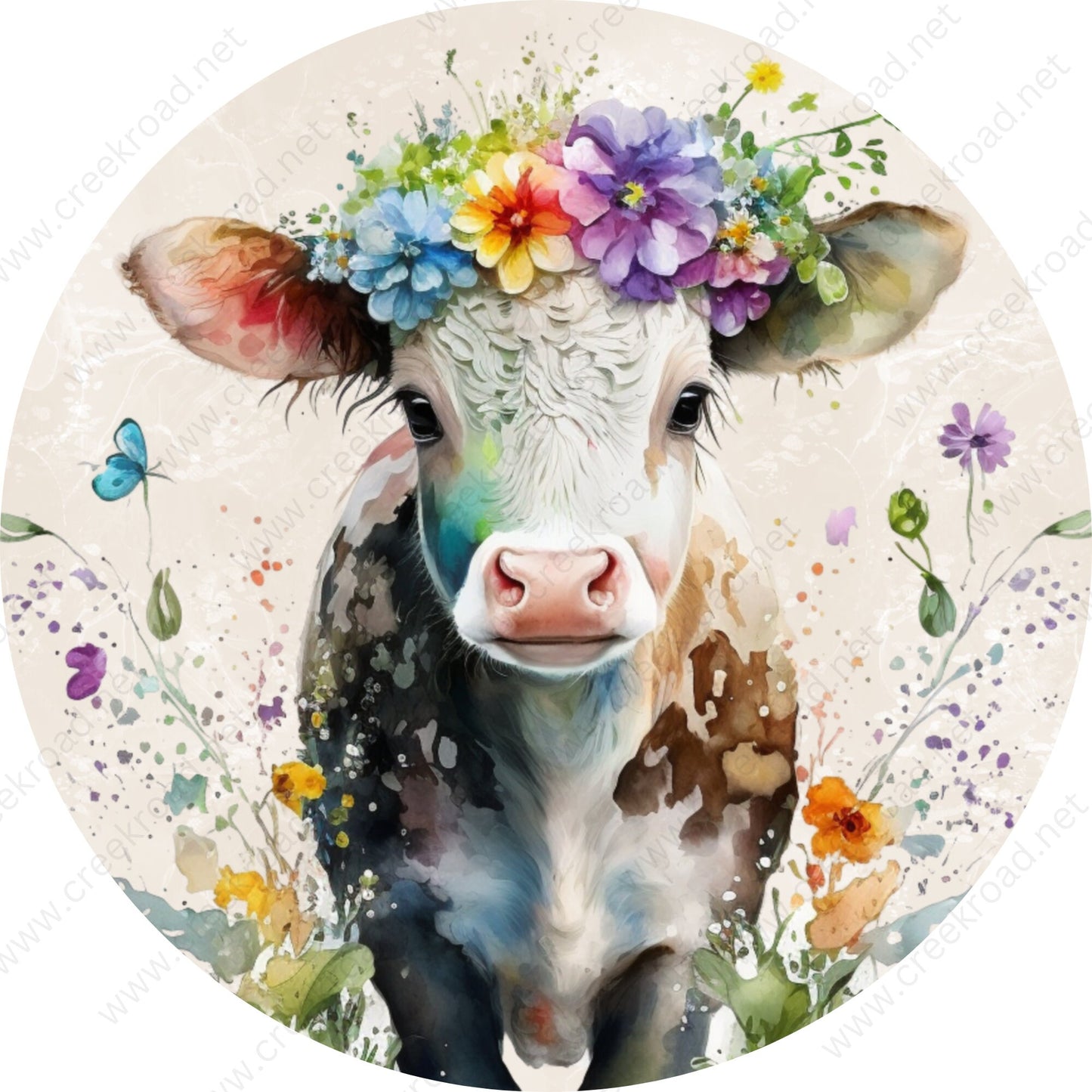 Farm Cow with Floral Headdress Wreath Sign-Round-Sublimation-Farm-Decor