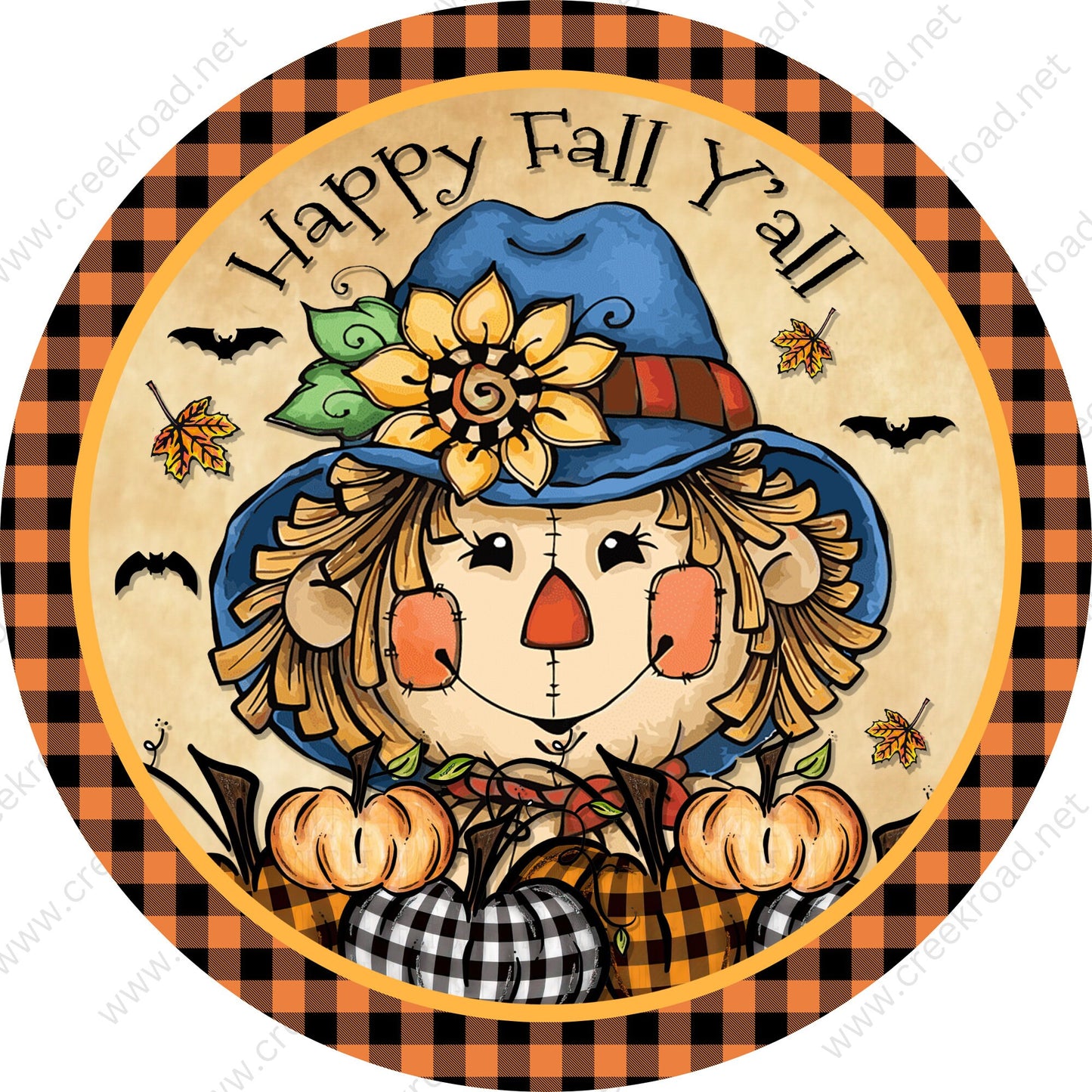 Happy Fall Y'all Scarecrow Black Orange Checkered Border Wreath Sign-Round-Sublimation-Autumn-Decor-Creek Road Designs