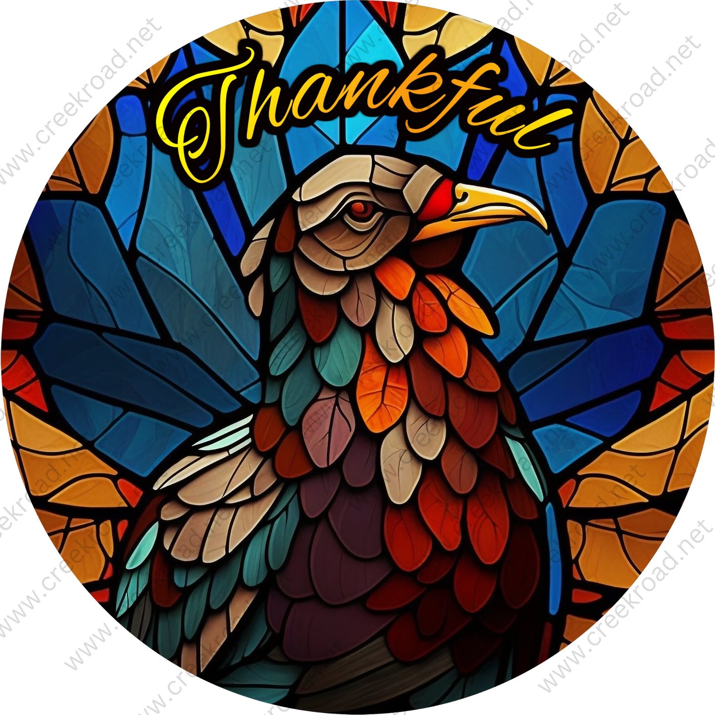 Thankful Fall Thanksgiving Turkey Faux Stained Glass Wreath Sign-Round-Sublimation-Autumn-Decor-Creek Road Designs