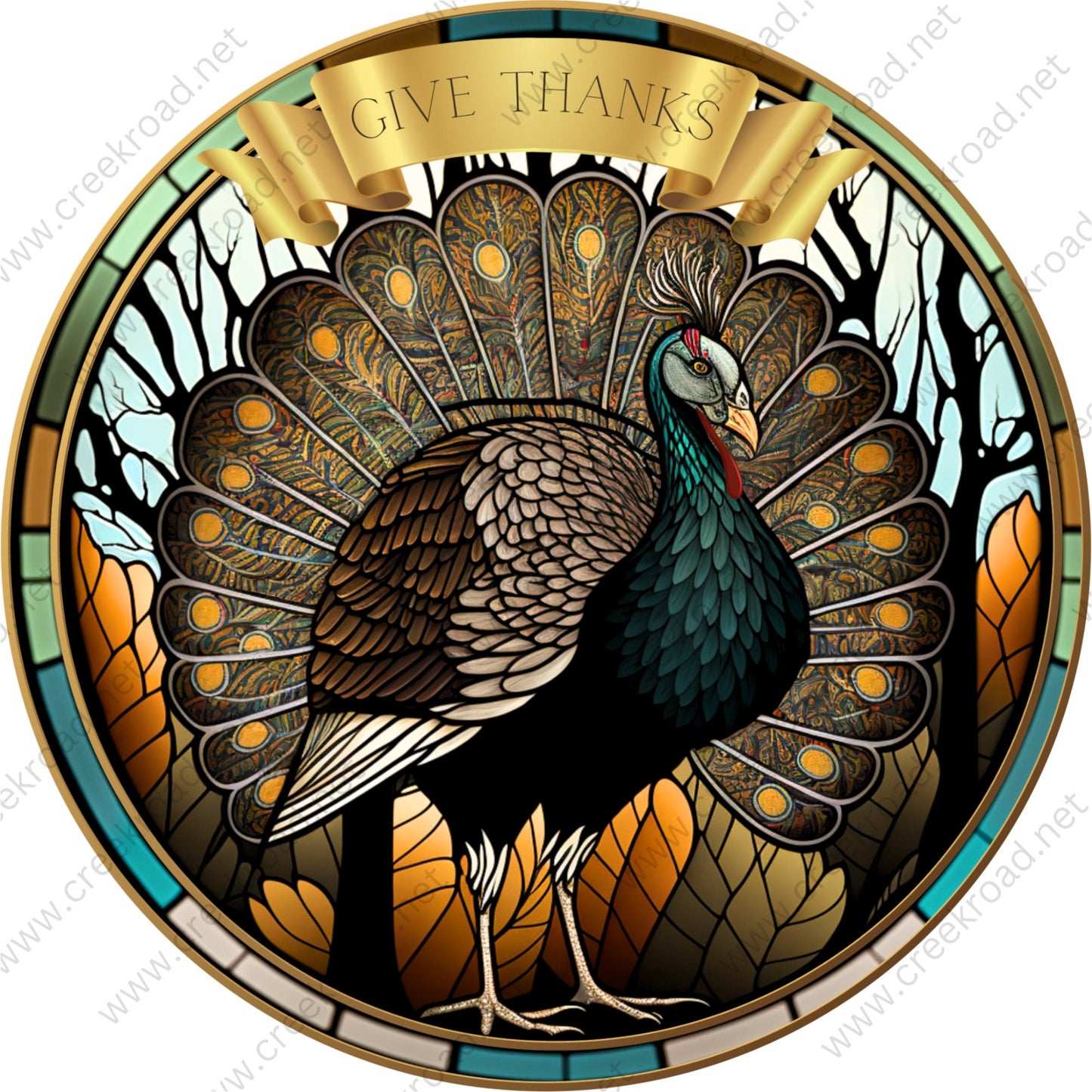 Give Thanks Fall Thanksgiving Turkey Faux Stained Glass Wreath Sign-Round-Sublimation-Autumn-Decor-Creek Road Designs