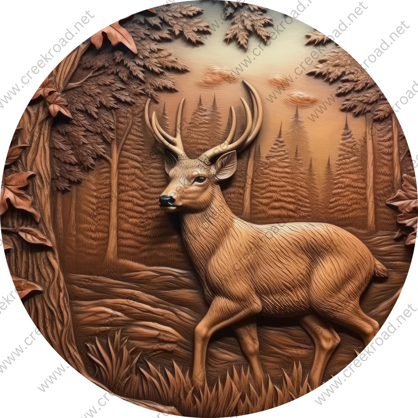 Buck Deer with Tooled Leather appearance Wreath Sign-Round-Sublimation-Fall-Decor-Creek Road Designs